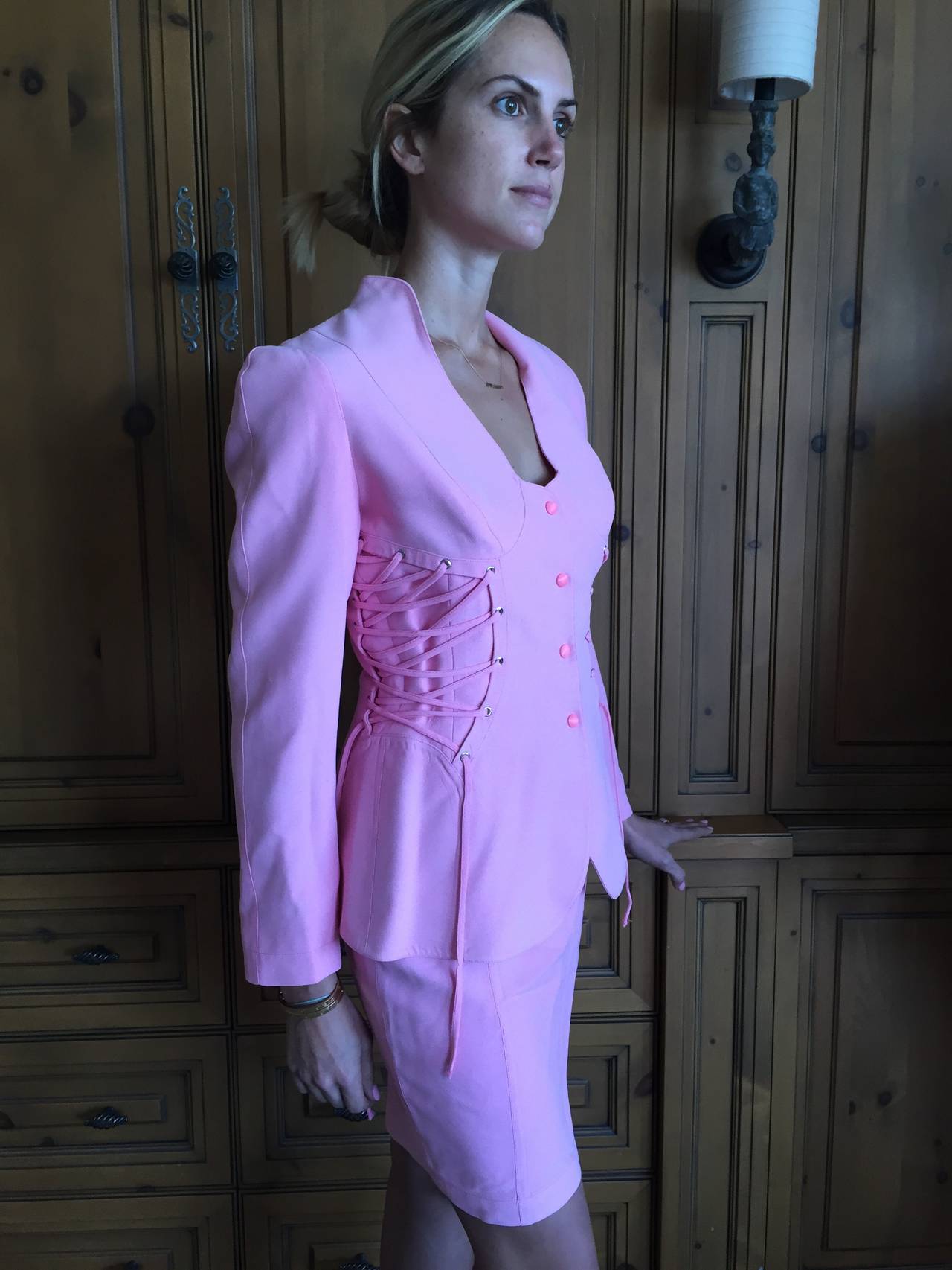 Thierry Mugler Vintage Pink Suit w Corset Lace Details 6