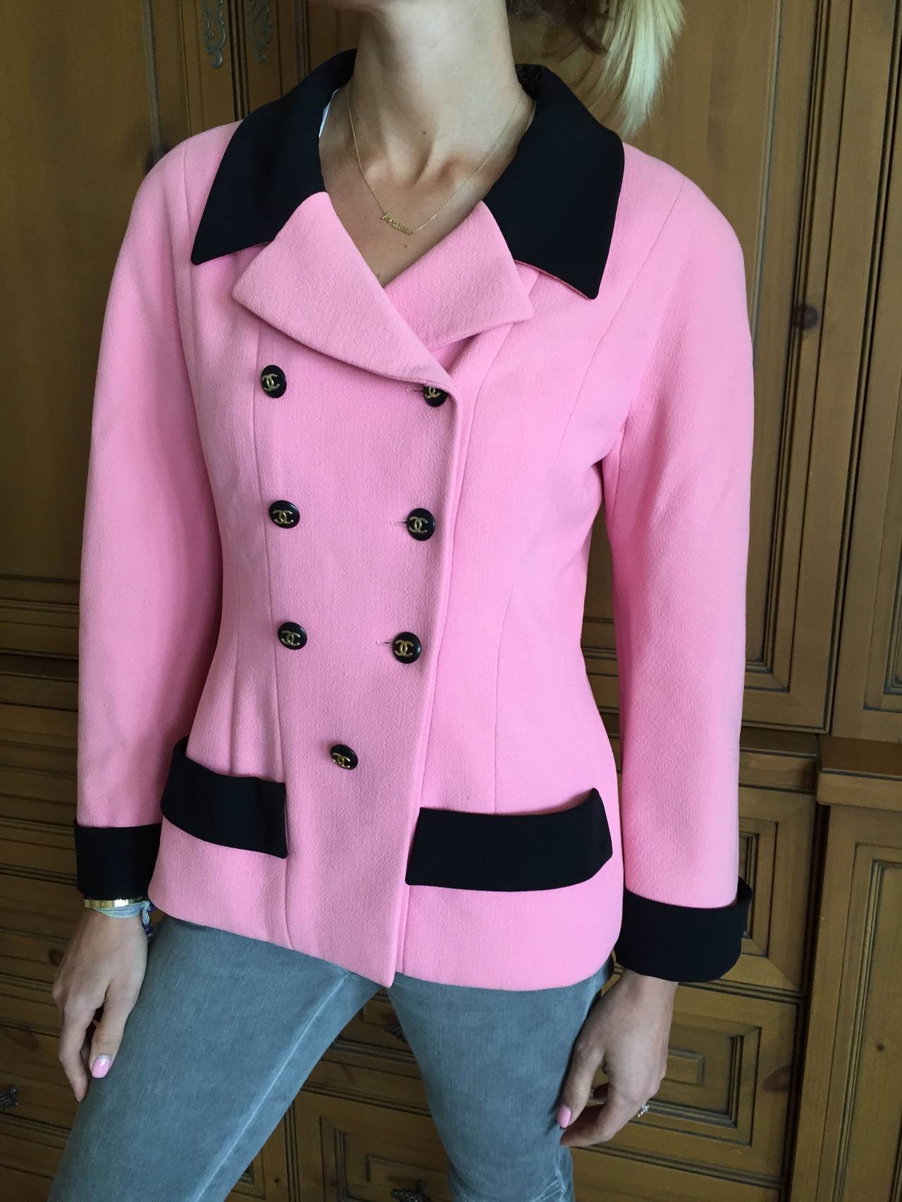 Chanel Iconic Vintage Pink Boucle Jacket with Black Trim 2
