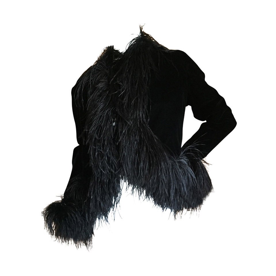 Black Velvet Ostrich Feather Trim Jacket by Mollie Parnis