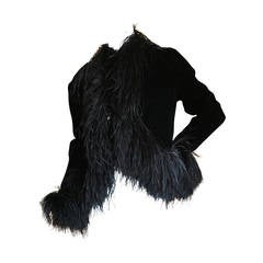 Vintage Black Velvet Ostrich Feather Trim Jacket by Mollie Parnis