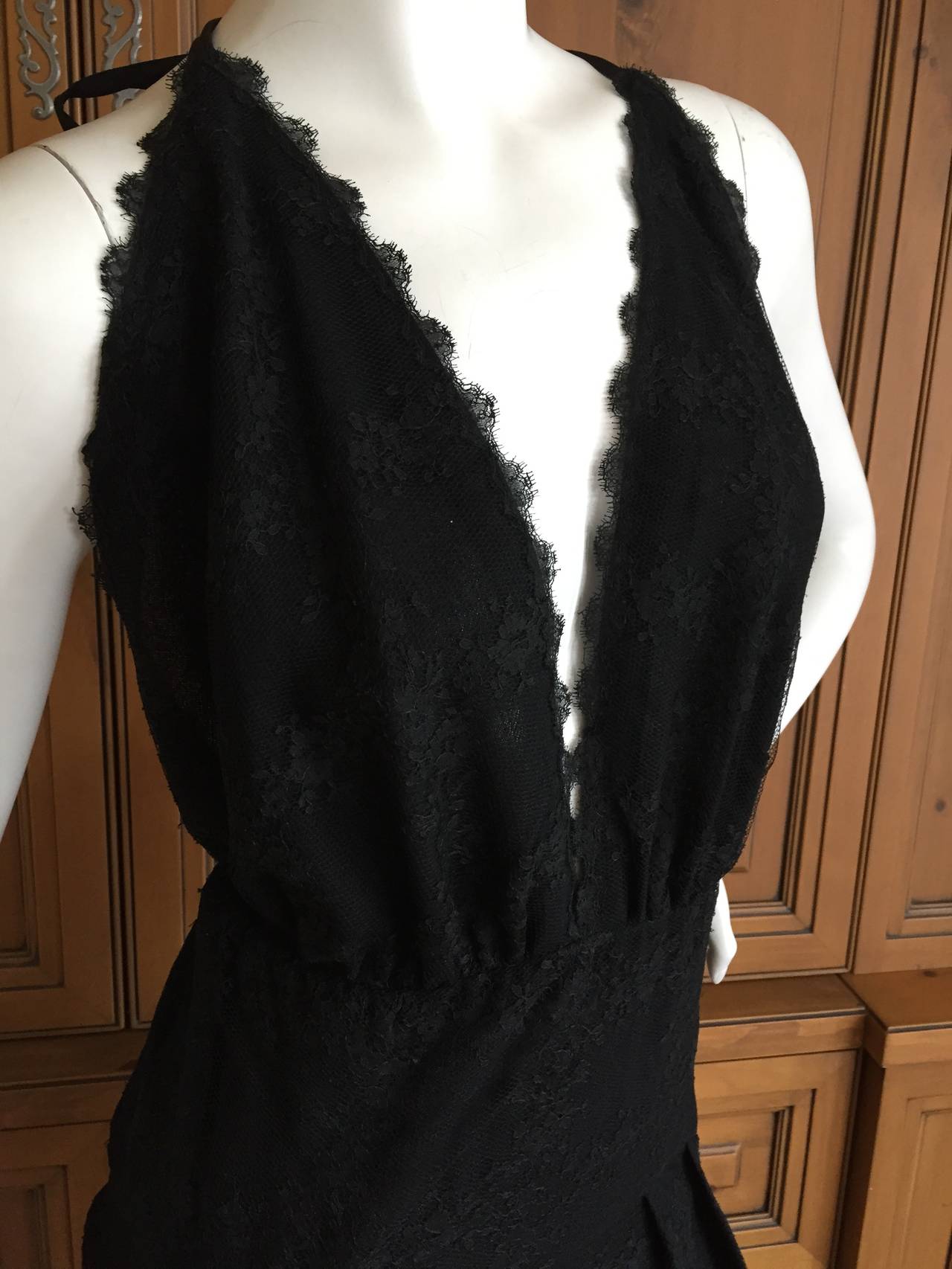 Galanos Backless Halter Black Lace Cocktail Dress In Excellent Condition For Sale In Cloverdale, CA