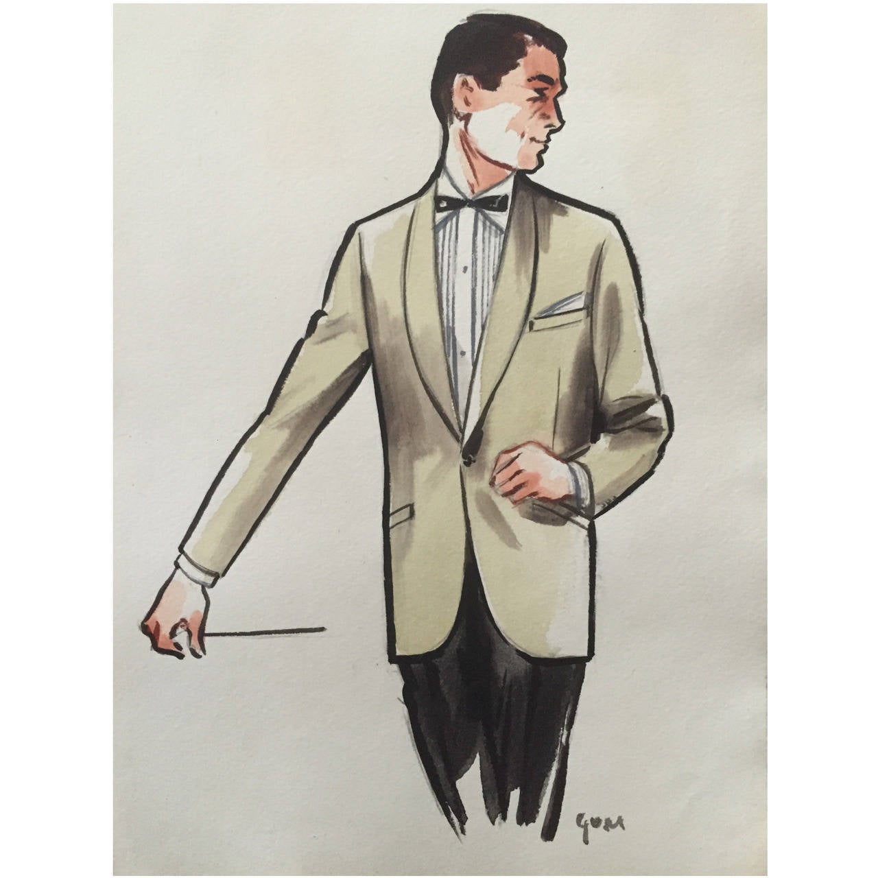 Rene Gruau Original Mens Fashion Illustration ; White Dinner Jacket