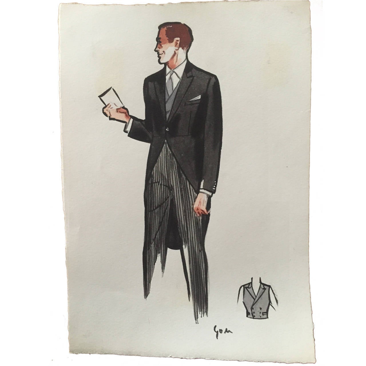 Rene Gruau Original Mens Fashion Illustration ; Morning Suit