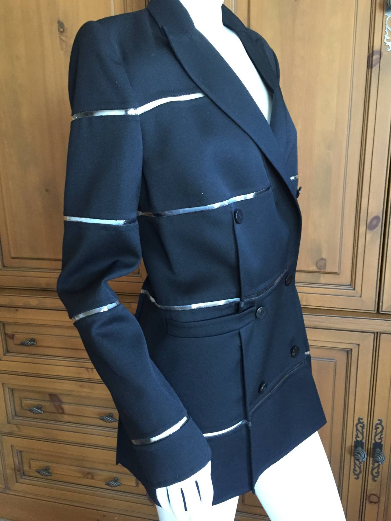 Women's Ralph Rucci Black Cashmere Jacket Jacket w Clear Horizontal Vinyl Stripes