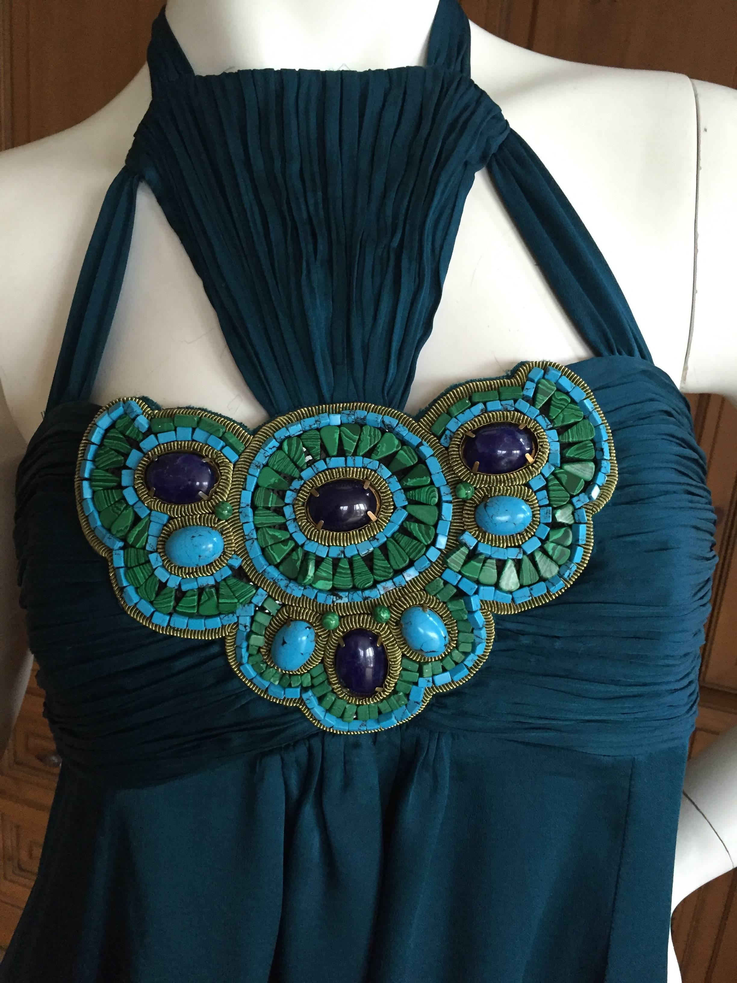 Blue Andrew Gn Paris Silk Dress w Turquoise & Malachite Jeweled Bust For Sale