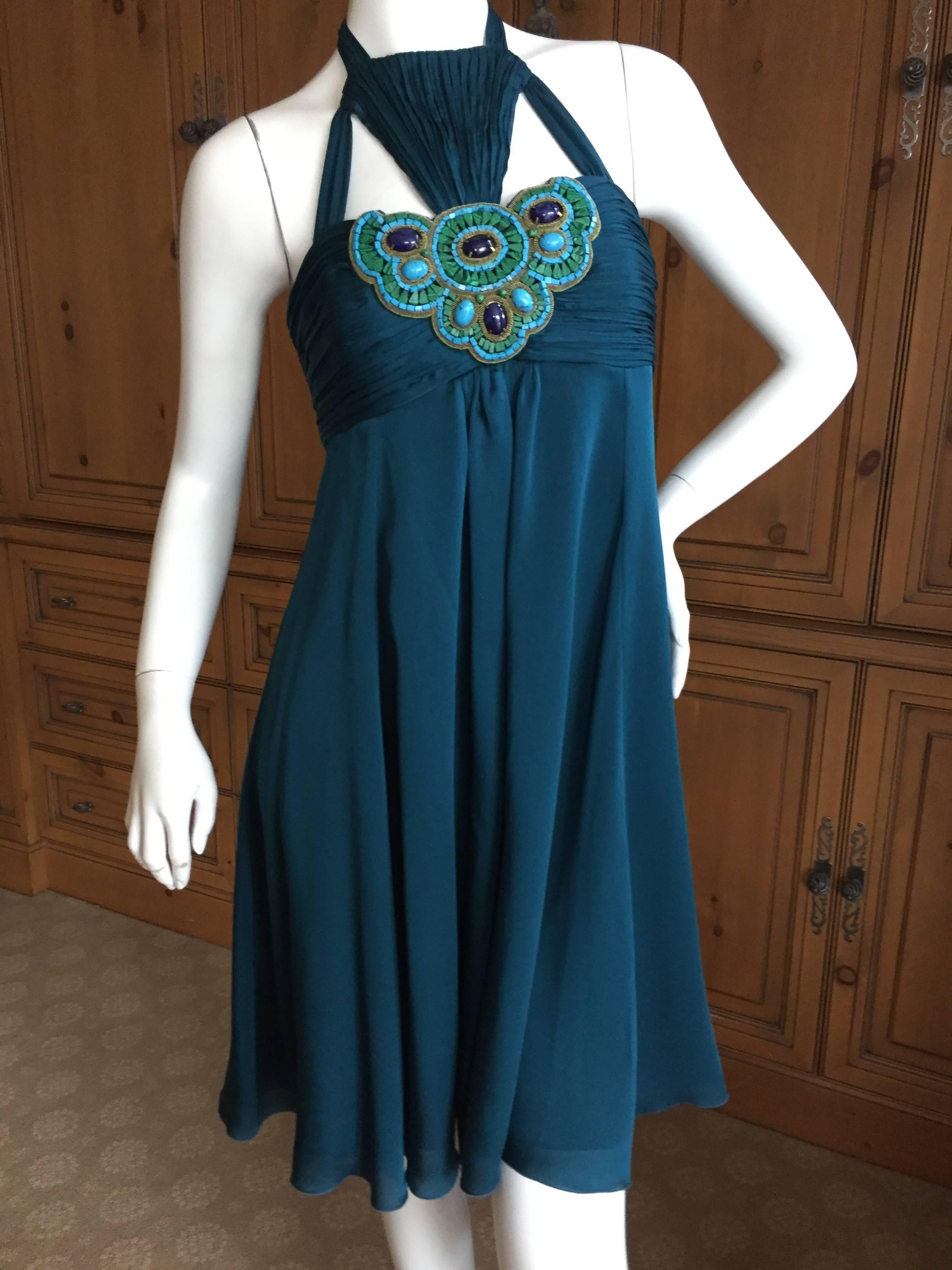 Andrew Gn Paris Silk Dress w Turquoise & Malachite Jeweled Bust In Excellent Condition For Sale In Cloverdale, CA