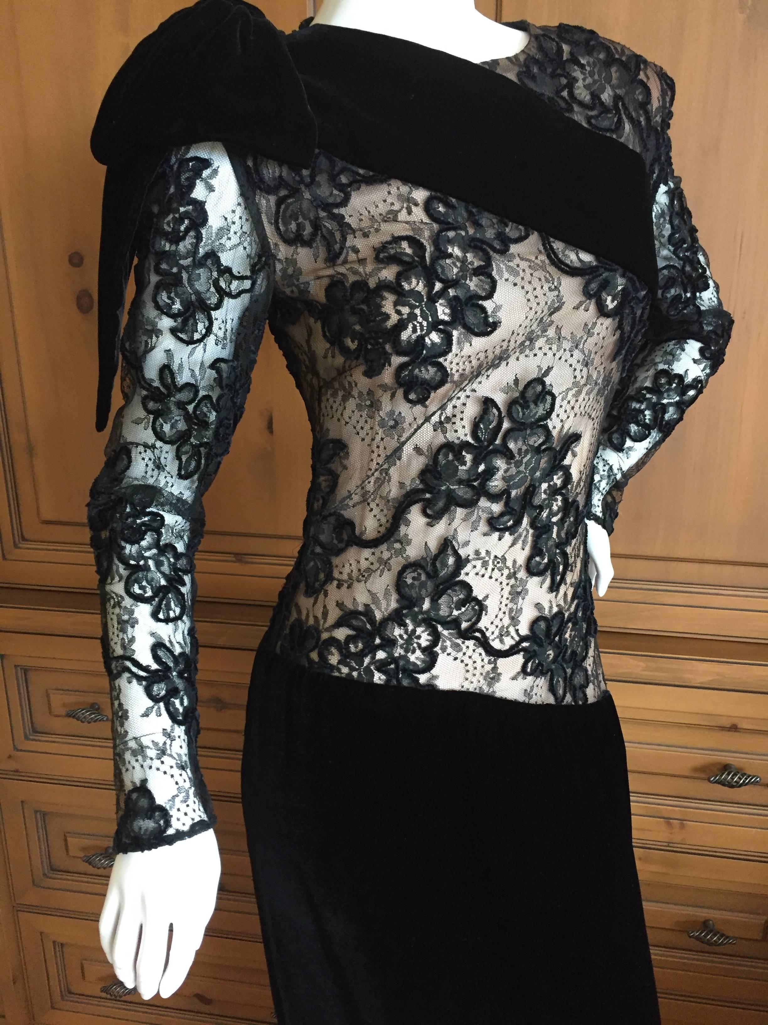 Jacqueline de Ribes Superb Black Lace and Velvet Evening Dress.
This is just so pretty , with the illusion of sheer,  it is lined.
Alternating bands of lace and velvet spiral along this elegant evening dress.

Hand made in France, this is an