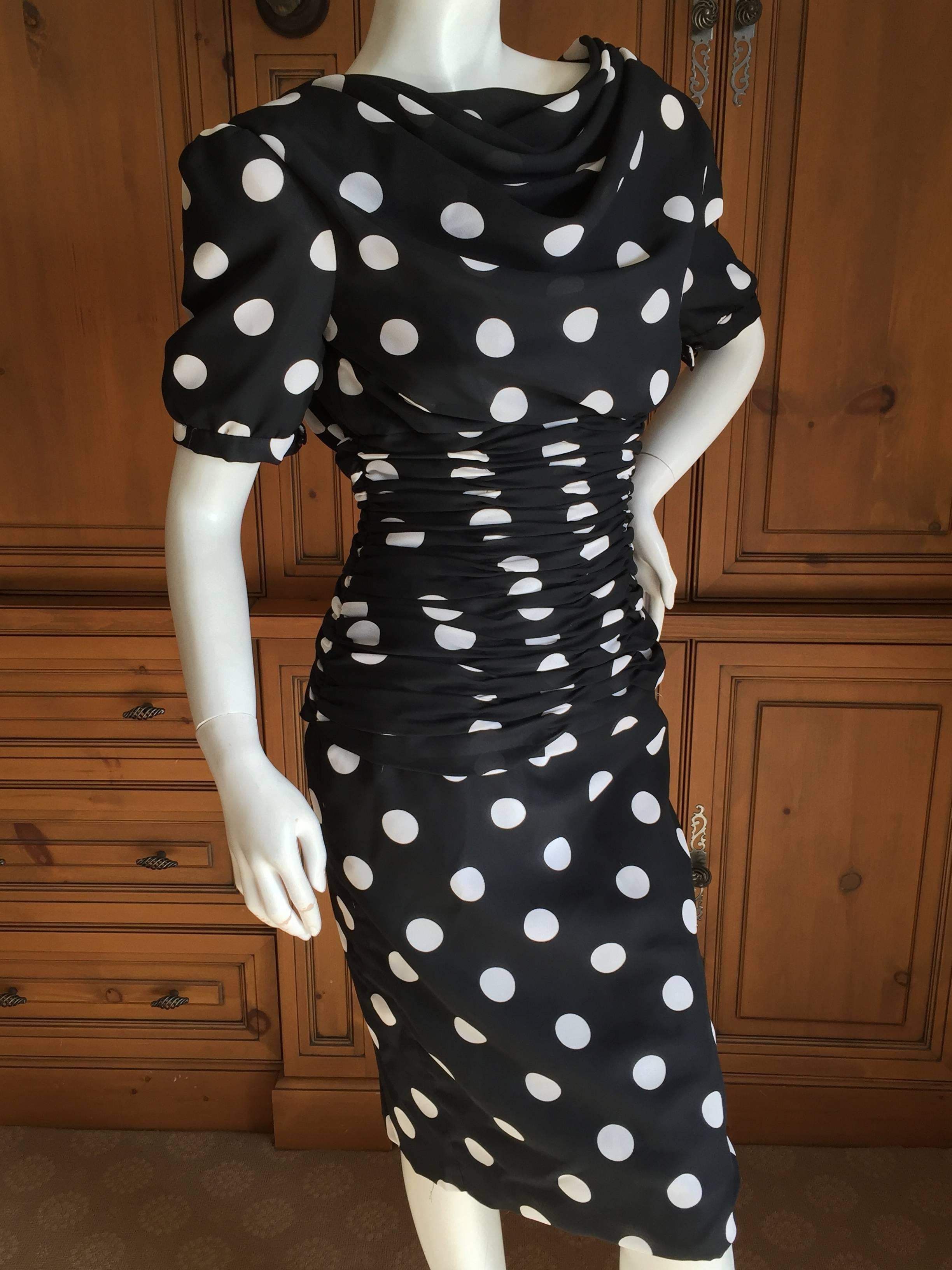 Victor Costa for Neiman Marcus Polka Dot Dress .
Charming lace and bow low cut back, very sweet.
Bust 39