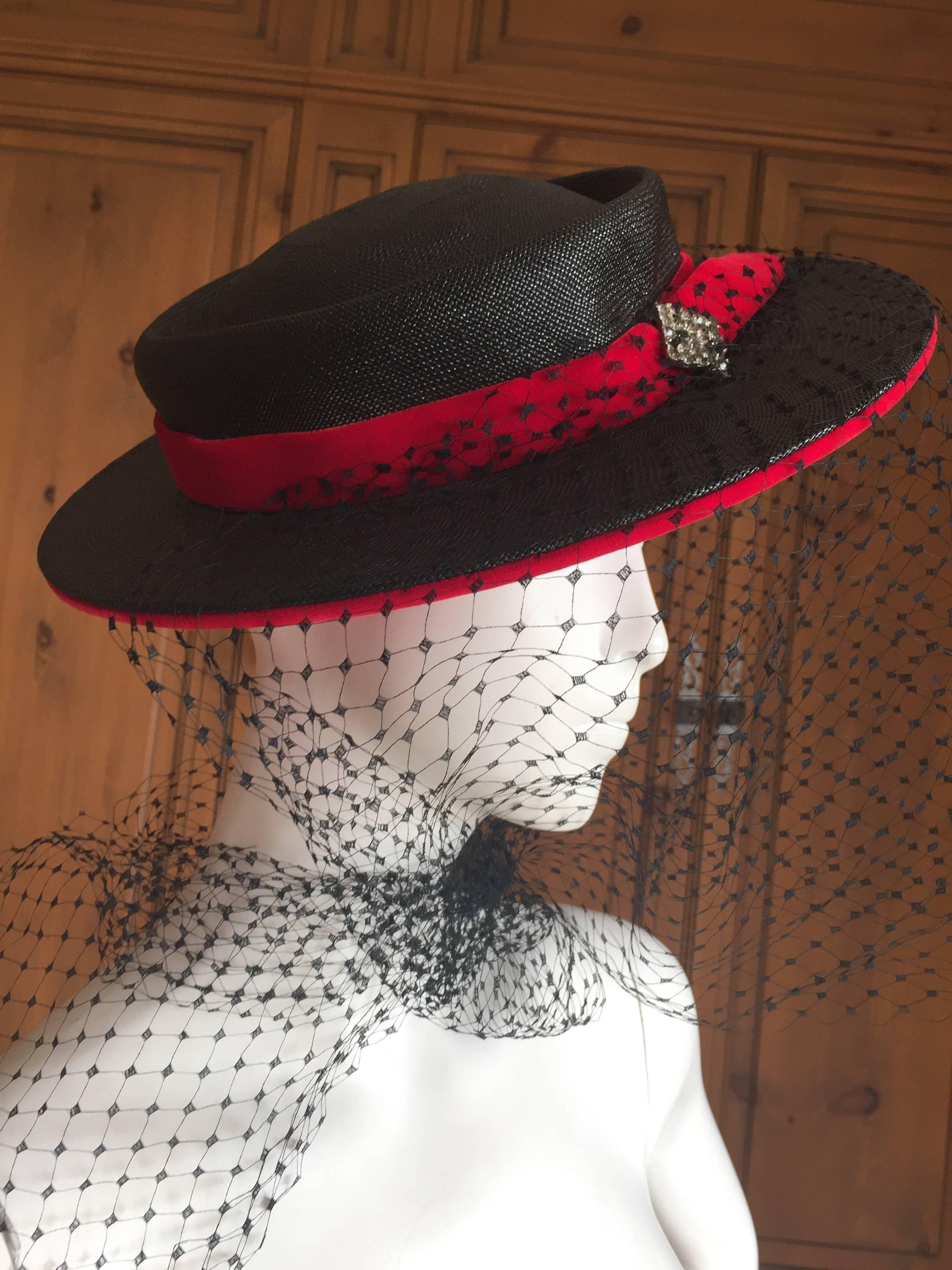 Schiaparelli Chic Straw Hat with Veil In Shocking Pink Schiaparelli Hat Box In Excellent Condition In Cloverdale, CA