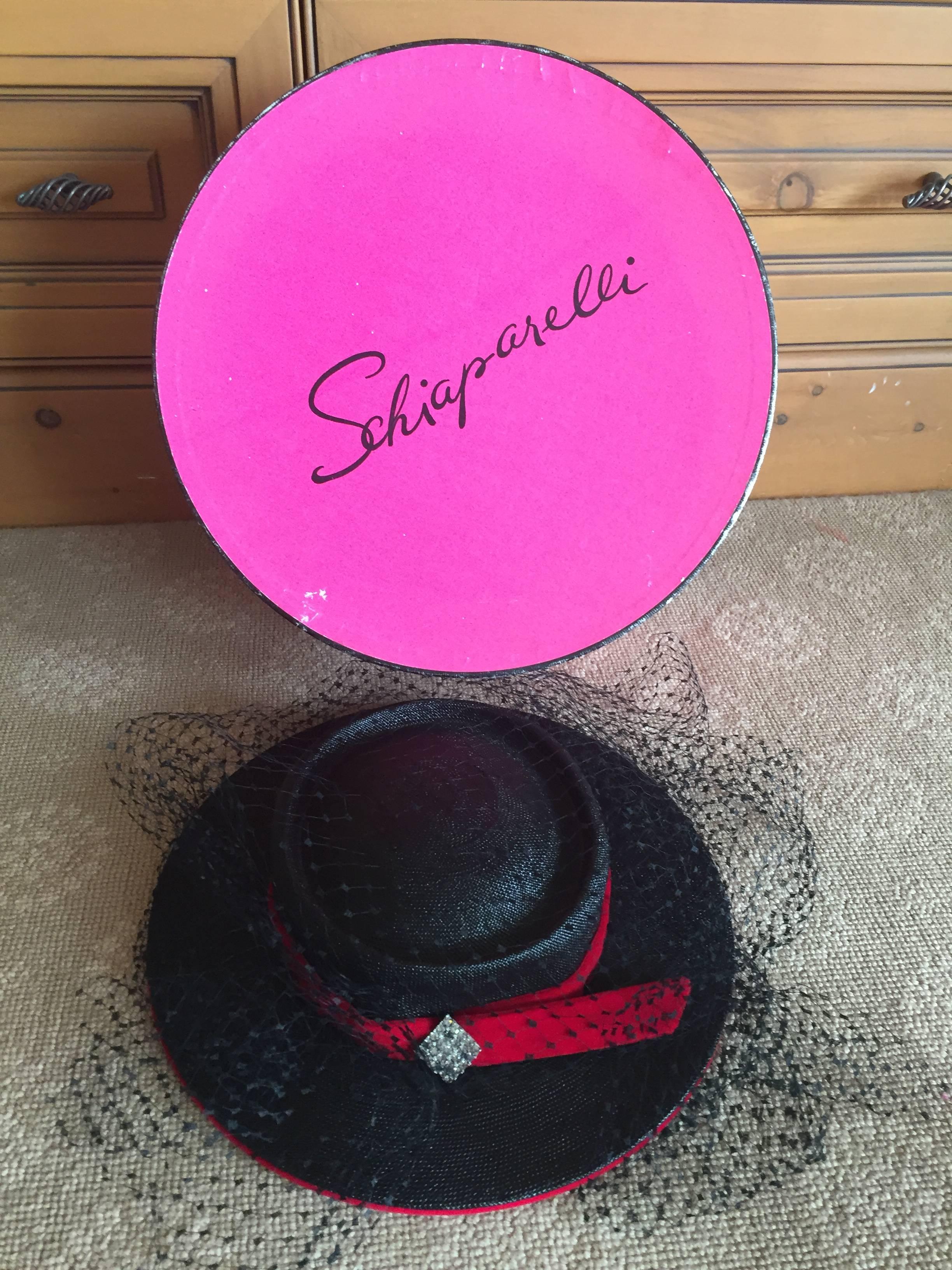 Schiaparelli Chic Straw Hat with Veil In Shocking Pink Schiaparelli Hat Box 3