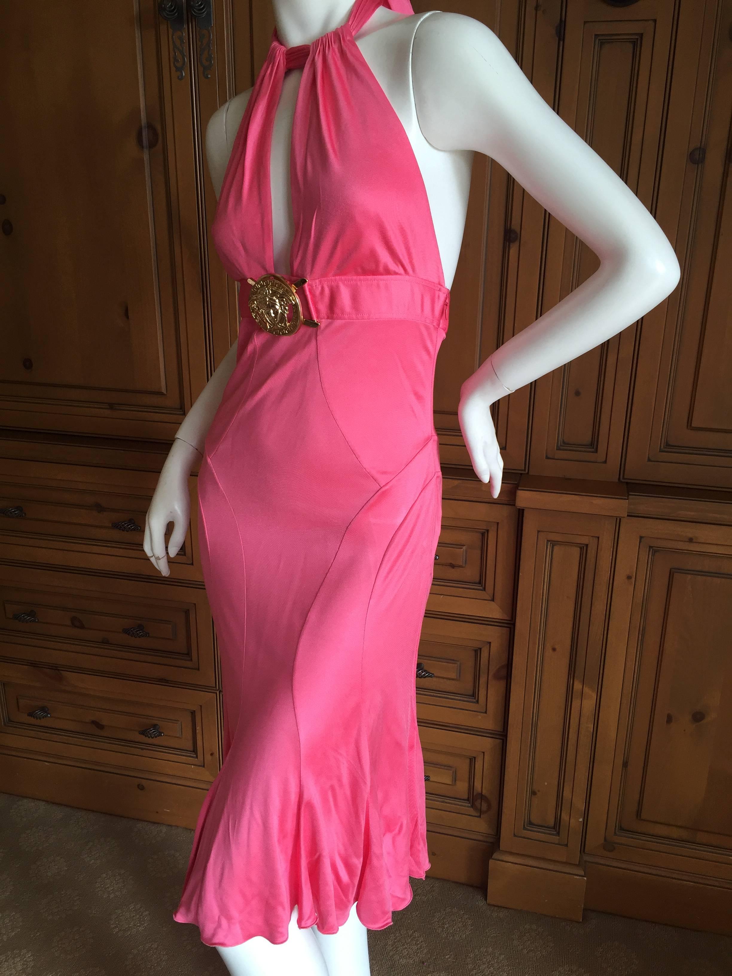 Versace Backless Pink Cocktail Dress with Large Gold Medusa Buckle In New Condition In Cloverdale, CA