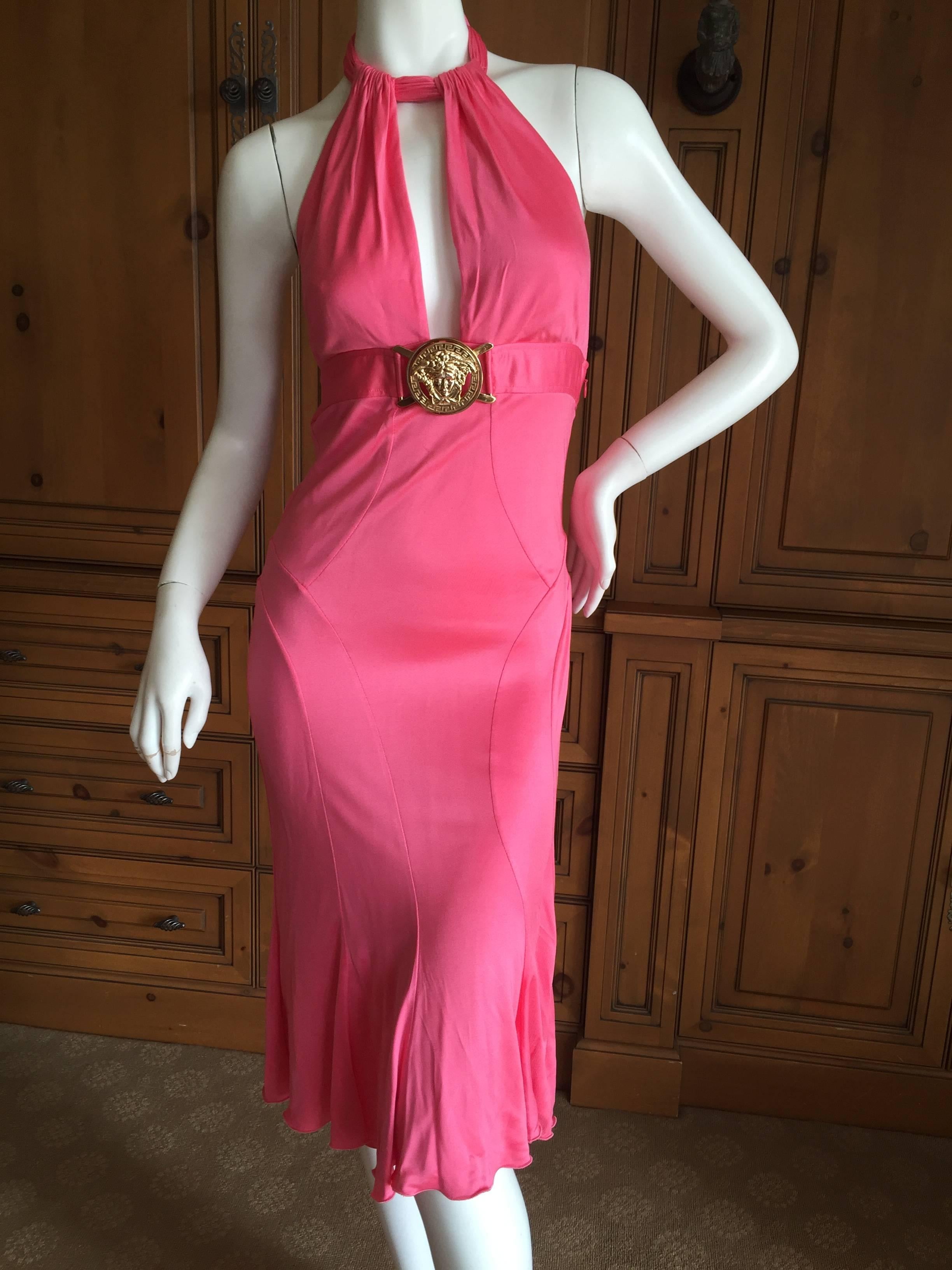 Versace Backless Pink Cocktail Dress with Large Gold Medusa Buckle 2