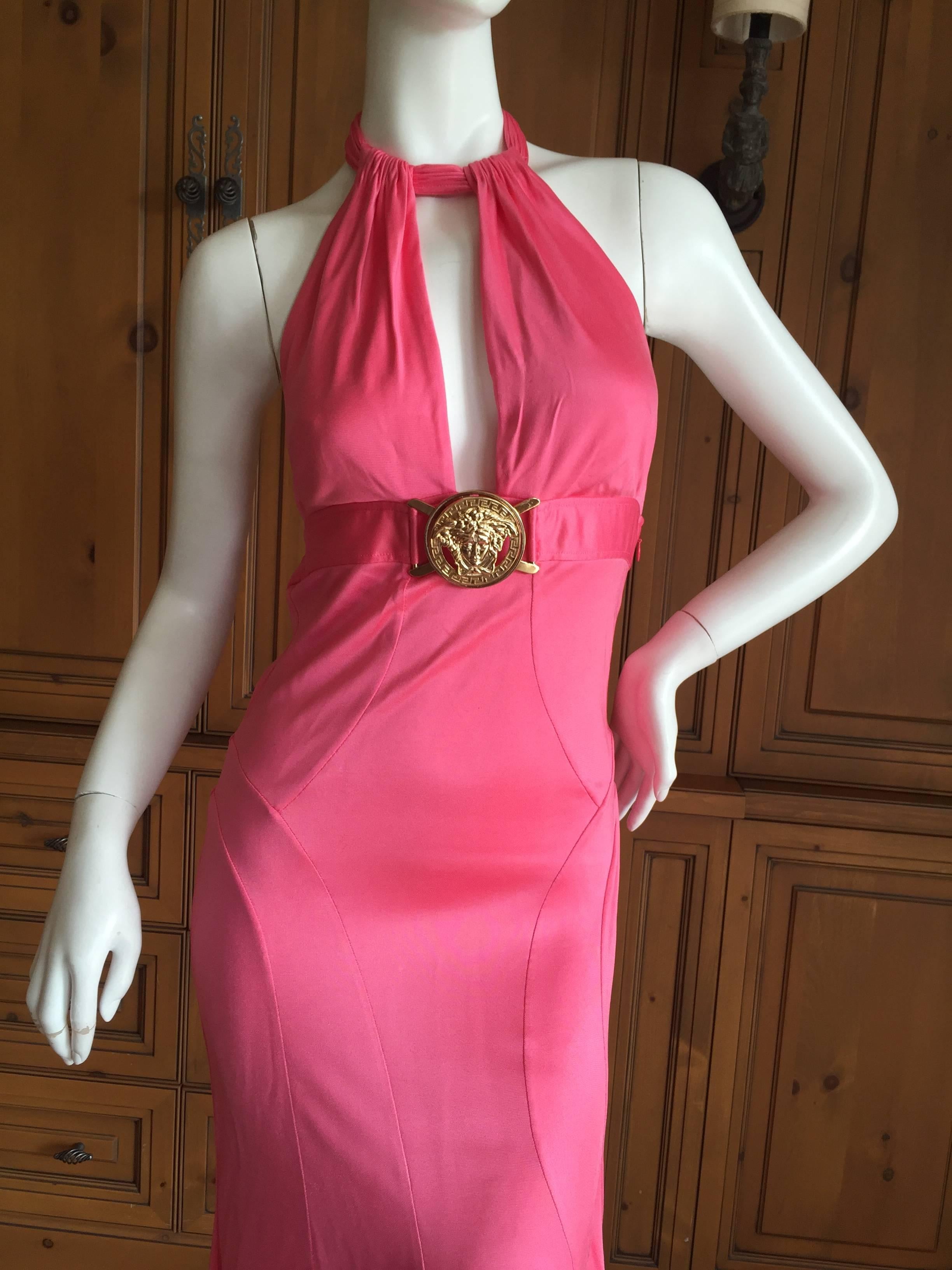 Versace Backless Pink Cocktail Dress with Large Gold Medusa Buckle 3