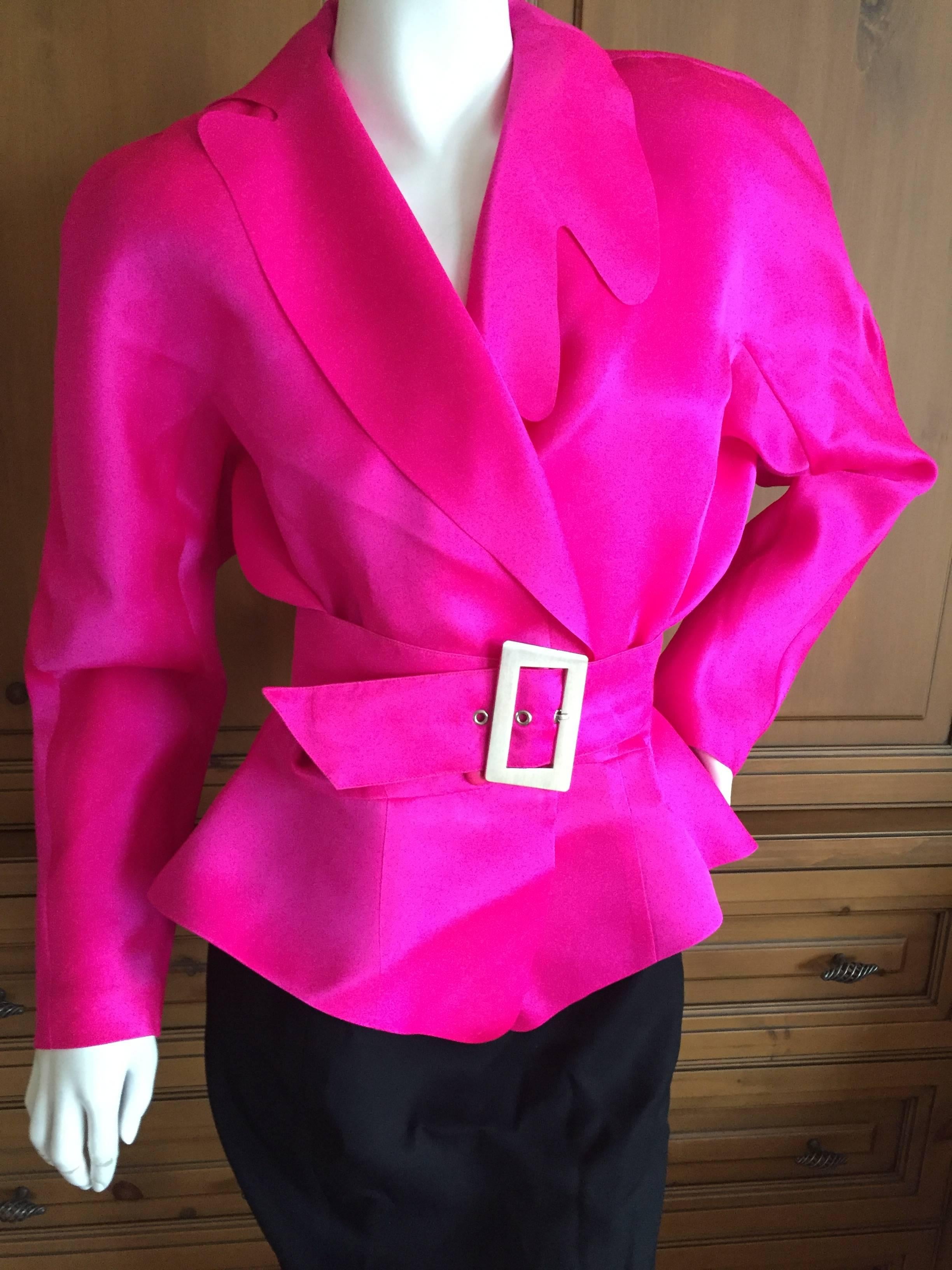 Sensational Thierry Mugler Shocking Pink Silk Suit with Belt.
Black pencil skirt with a silk jacket with a belt. Unlined, I'm not certain if it is a blouse or a jacket.
Jacket 
Bust 44"
Waist 29"
Length 25"
Skirt
Wasit