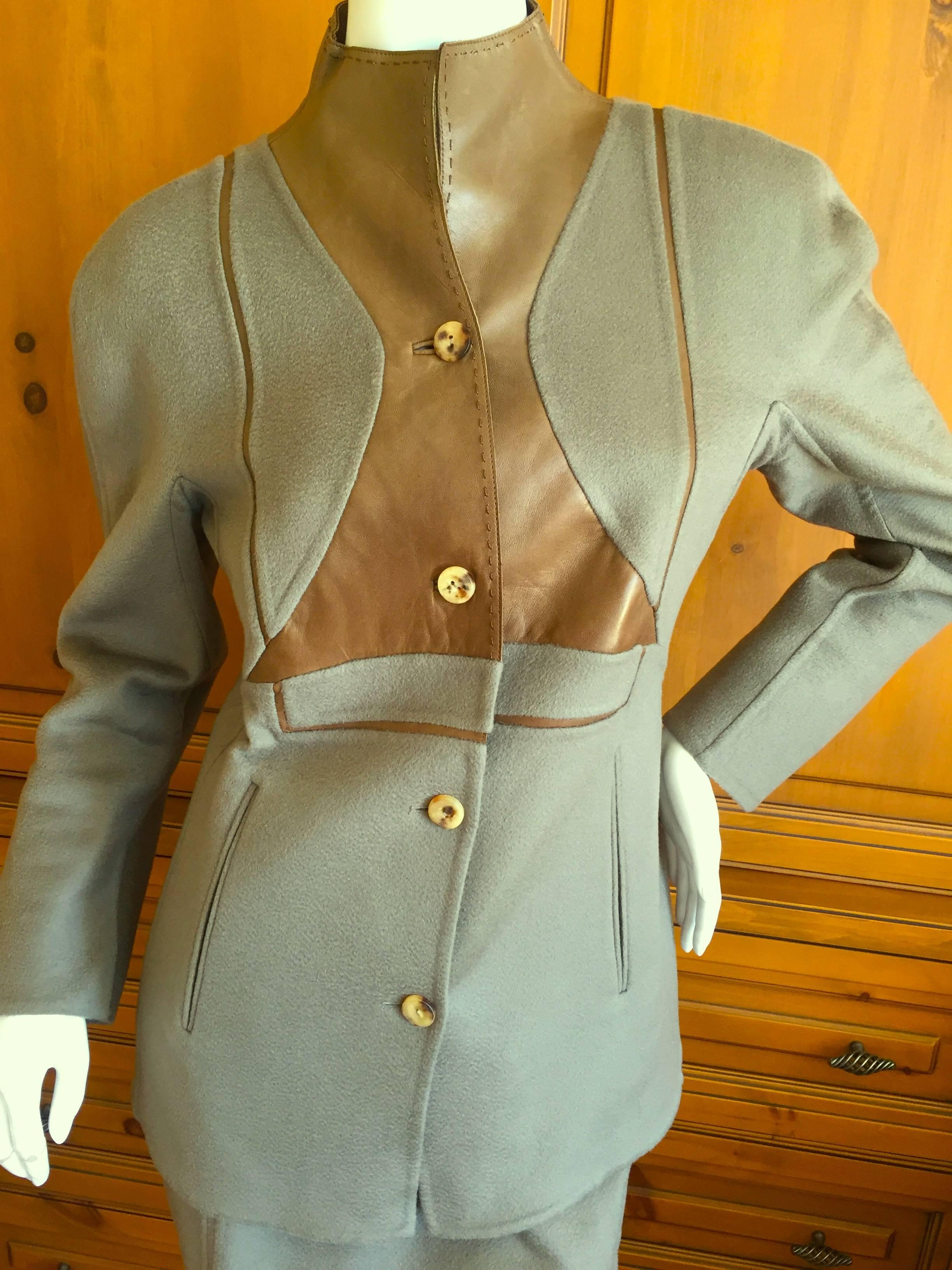 Luxurious pure double face cashmere and leather suit from Ralph Rucci.
Detailed to perfection as only Ralph can, pure luxe.
Size 6
Jacket 
Bust 38
