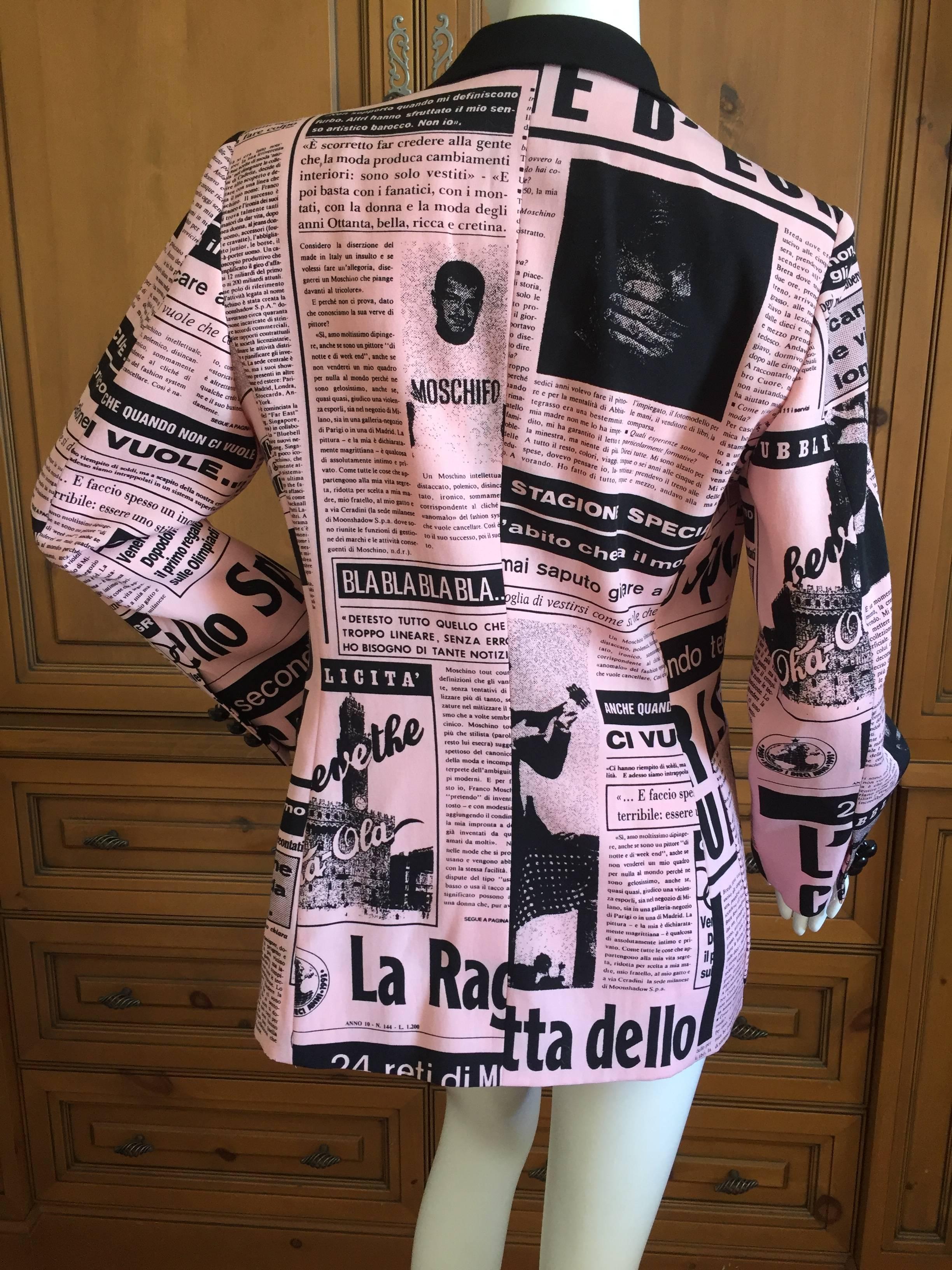Iconic newsprint jacket from Moschino Couture, circa 1989.
In excellent, possibly unworn condition. 
Size 10 US
Bust 40
Waist 34
