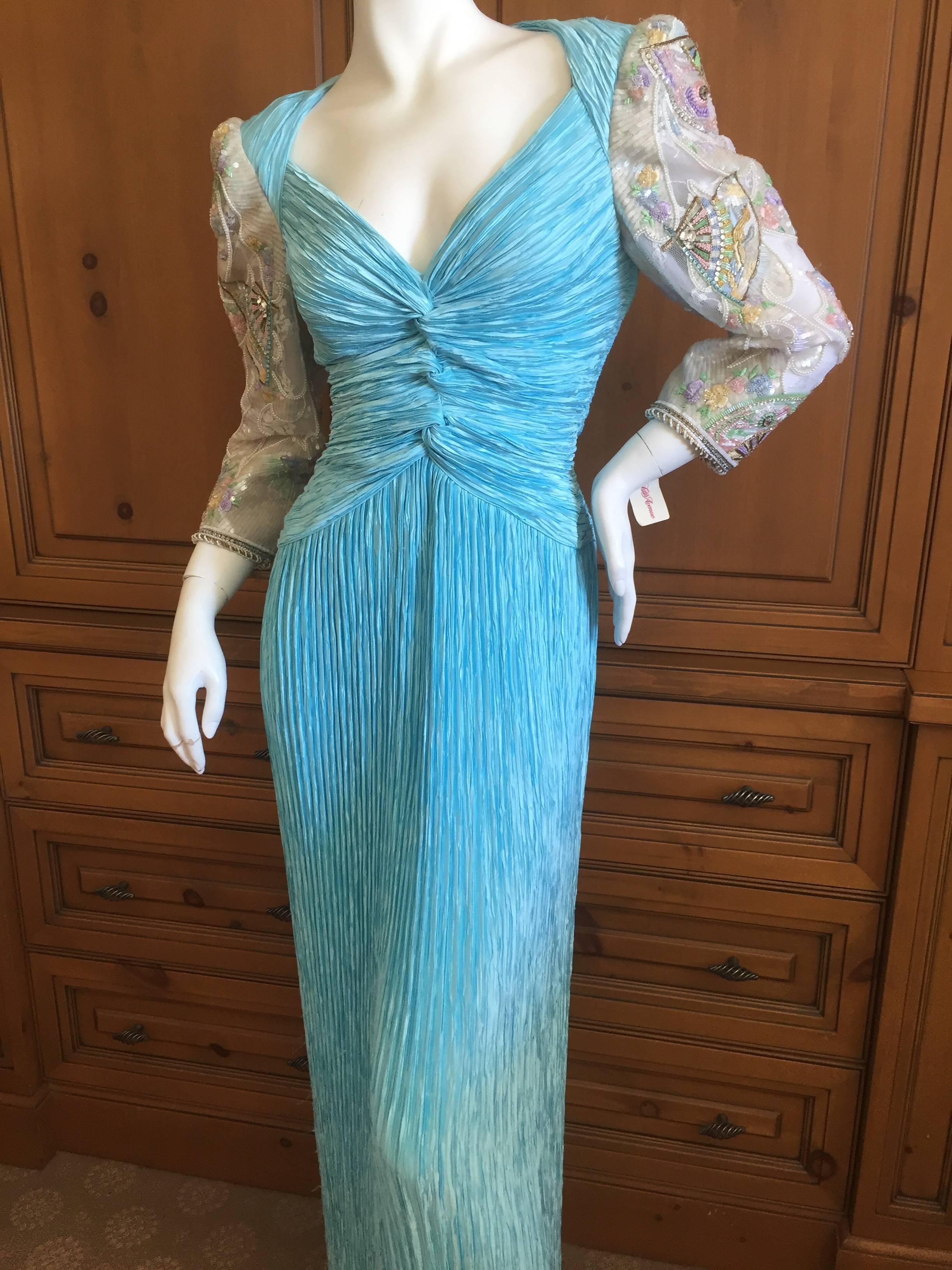 Mary McFadden Couture Turquoise Evening Dress with Beaded Sleeves NWT 1