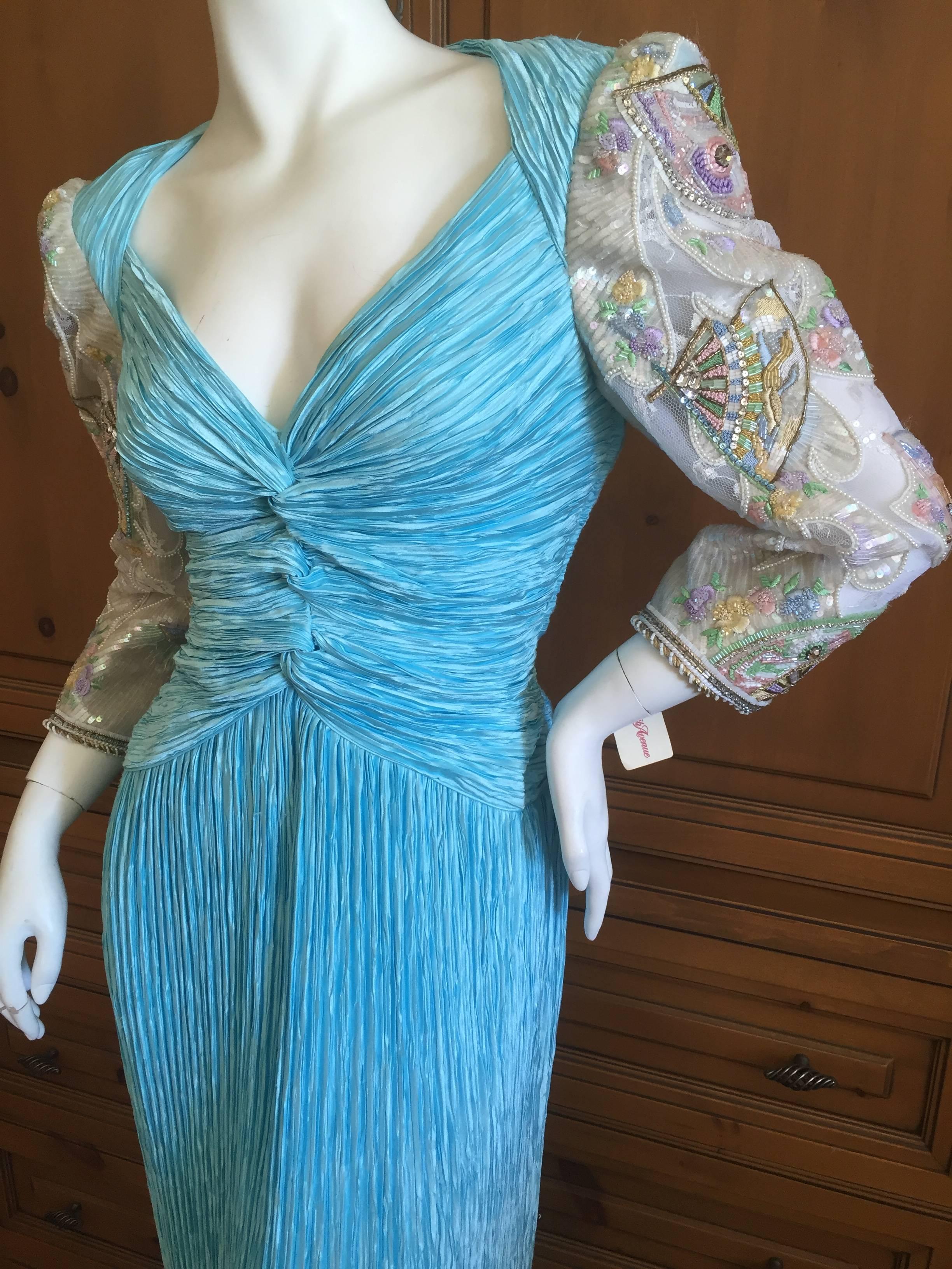 Blue Mary McFadden Couture Turquoise Evening Dress with Beaded Sleeves NWT