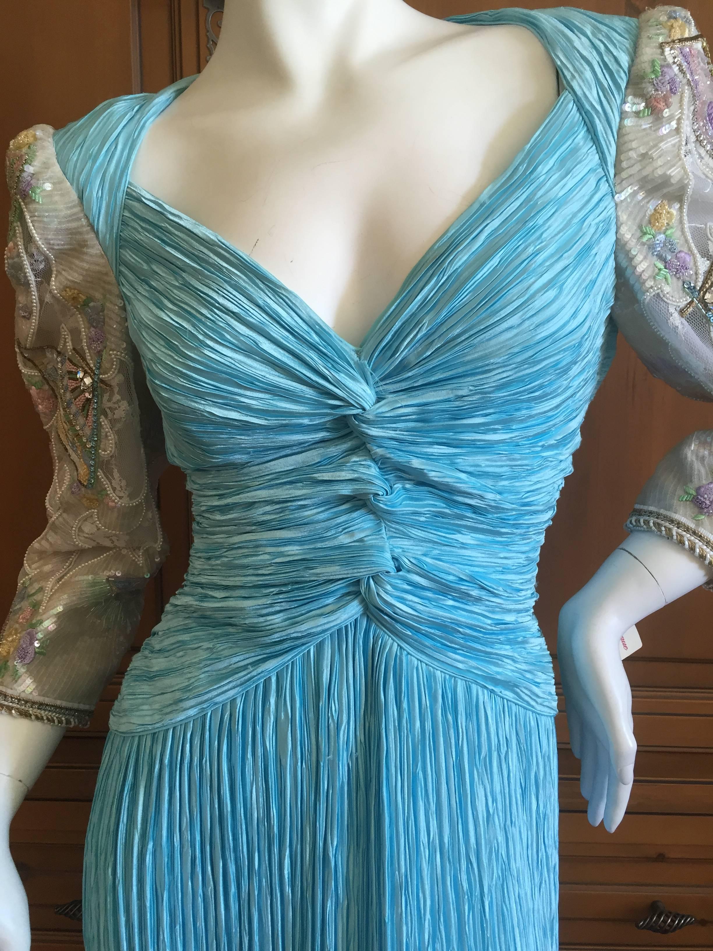 Mary McFadden Couture Turquoise Evening Dress with Beaded Sleeves NWT 2