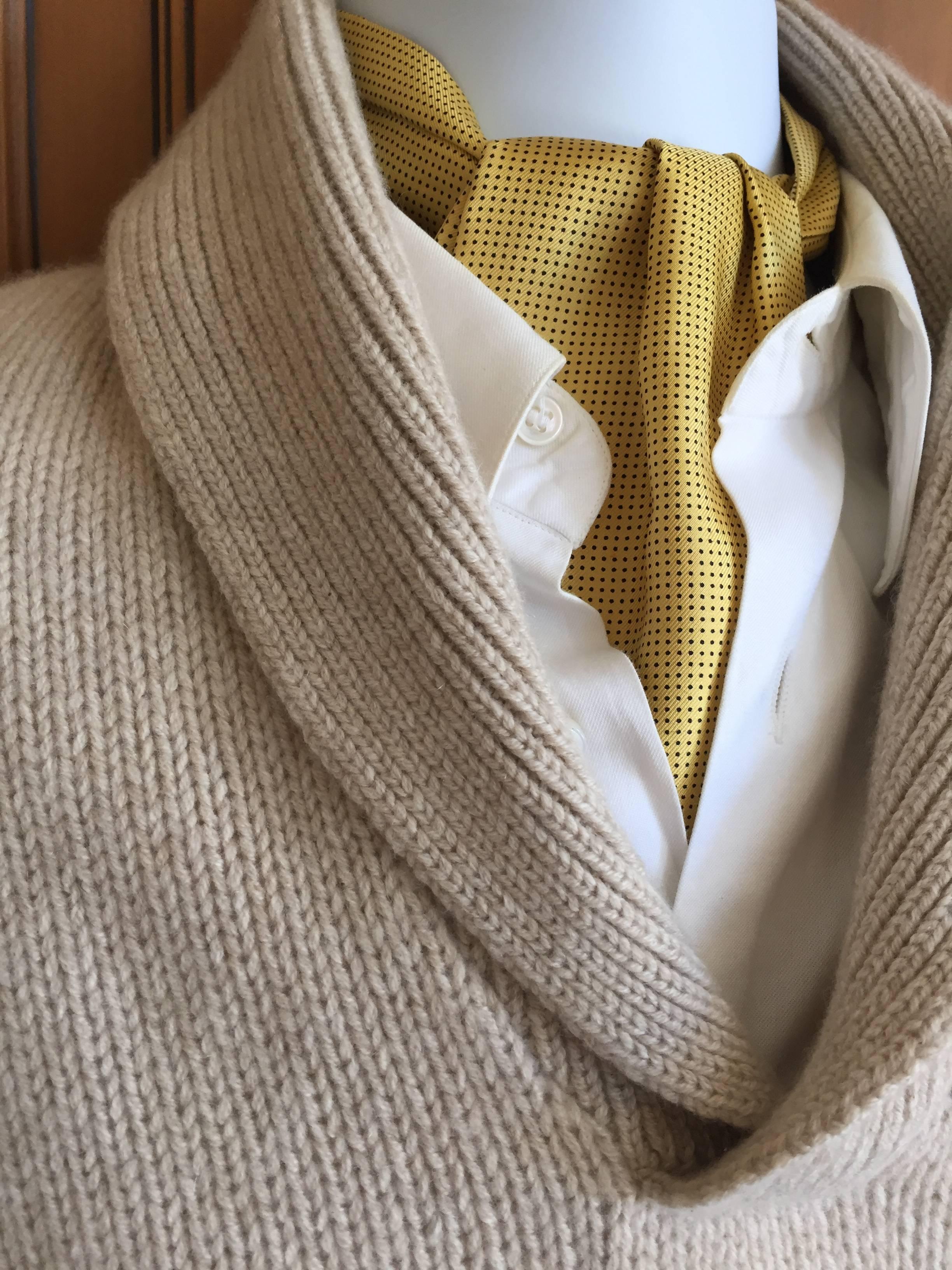 Loro Piana Gentlemans Baby Cashmere Shawl Collar Sweater.
Super luxurious pure baby cashmere shawl collar sweater in oatmeal.
This is a loose weave and feels divine.
Retail was $2200
Marked size 54 (US 44)
Chest 48
