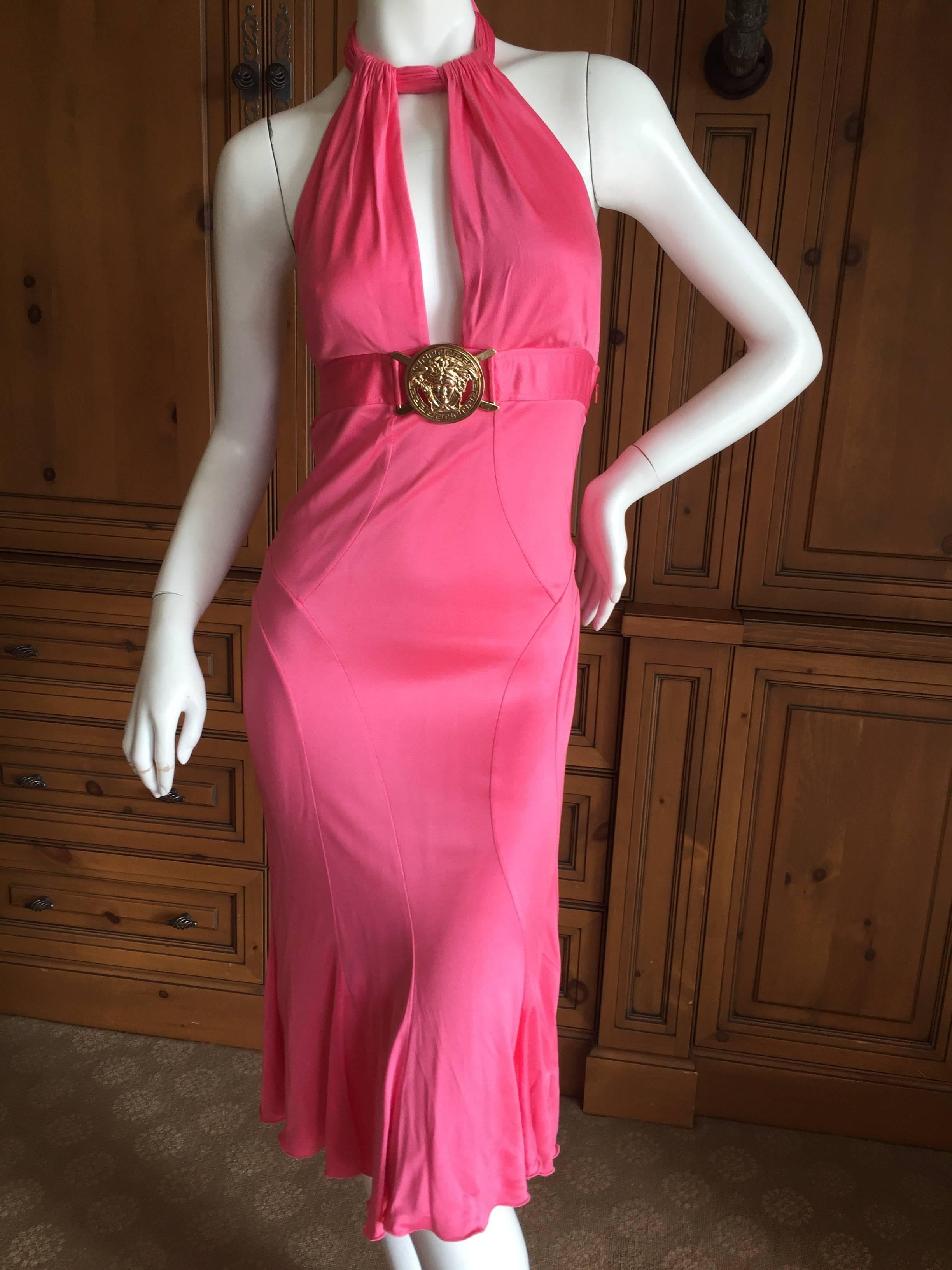 Pink Versace Coral Jersey Backless Halter Dress with Giant Medusa Buckle