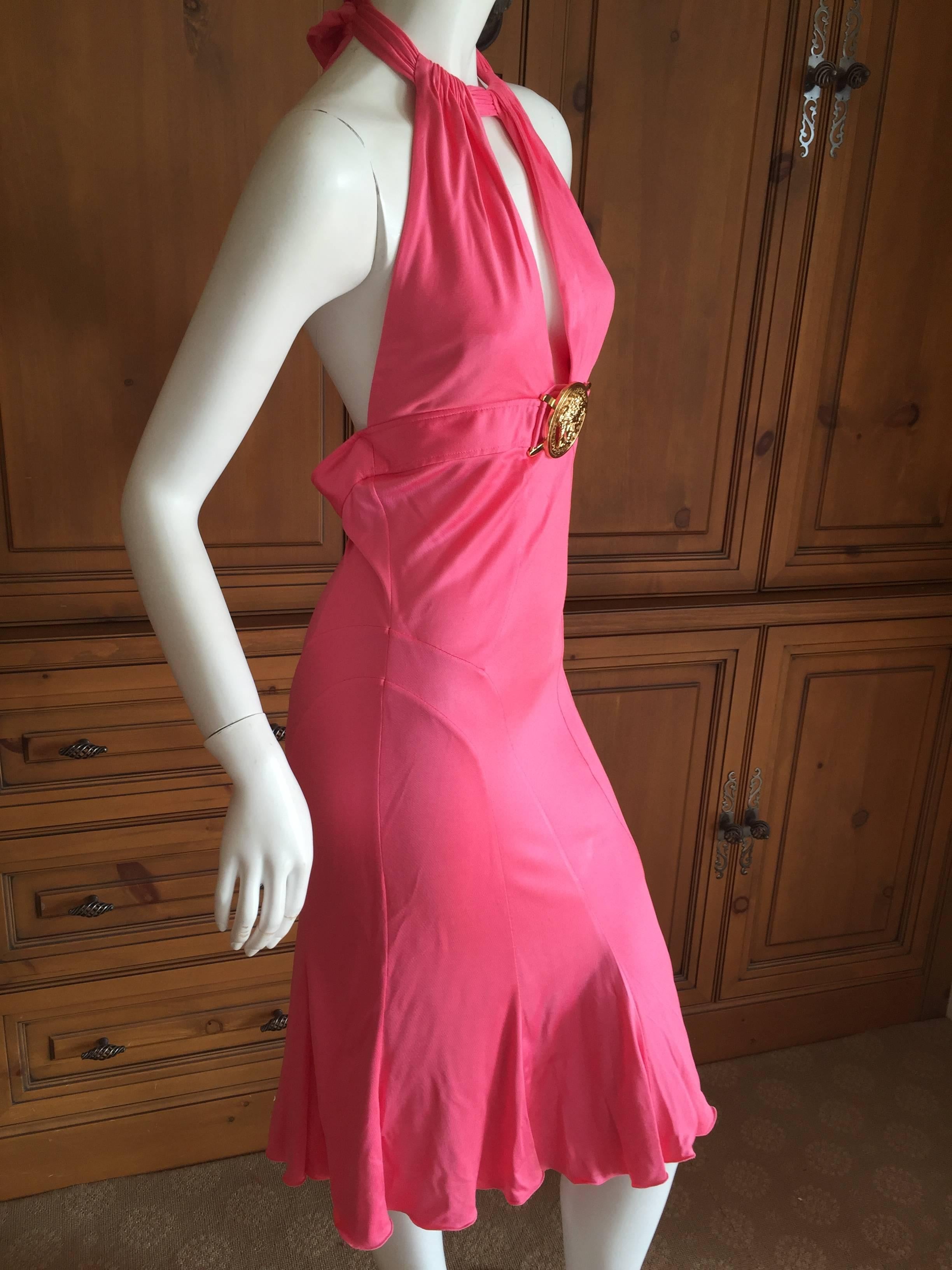 Versace Coral Jersey Backless Halter Dress with Giant Medusa Buckle In Excellent Condition In Cloverdale, CA