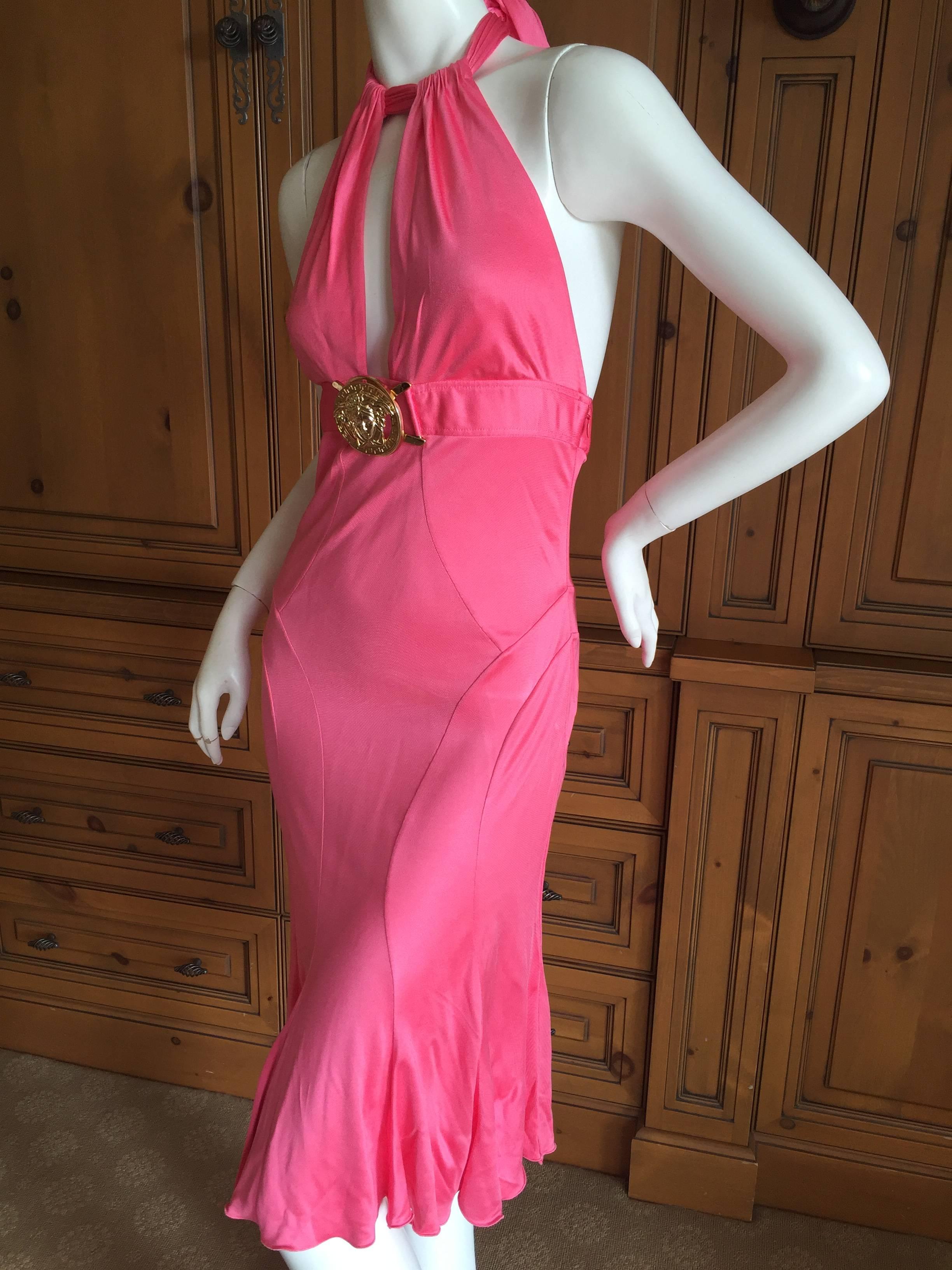 Versace Coral Jersey Backless Halter Dress with Giant Medusa Buckle 1