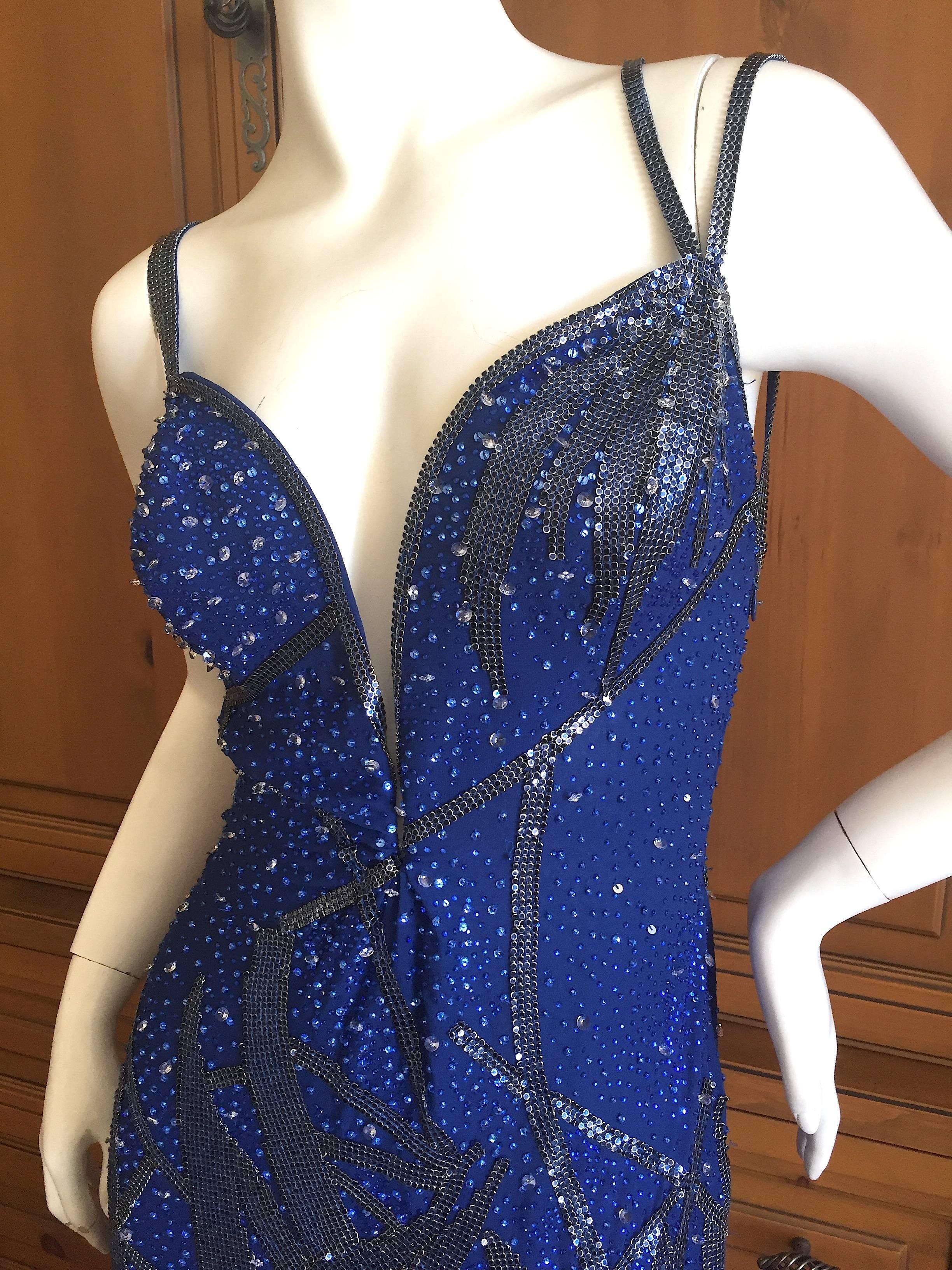 Atelier Versace Gianni Era Blue Evening Dress with Metal Mesh and Crystal Detail In Excellent Condition For Sale In Cloverdale, CA
