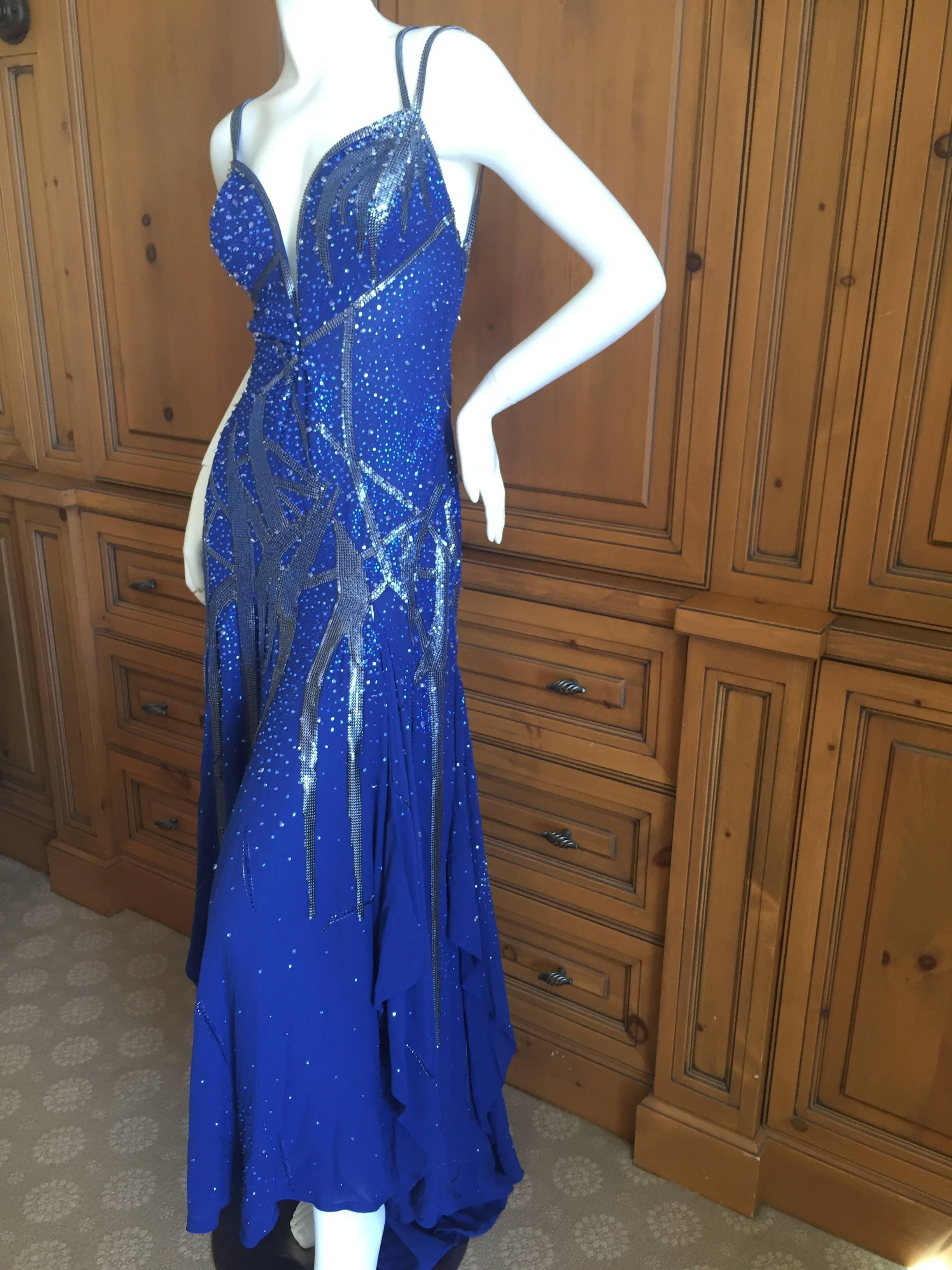 Purple Atelier Versace Gianni Era Blue Evening Dress with Metal Mesh and Crystal Detail For Sale