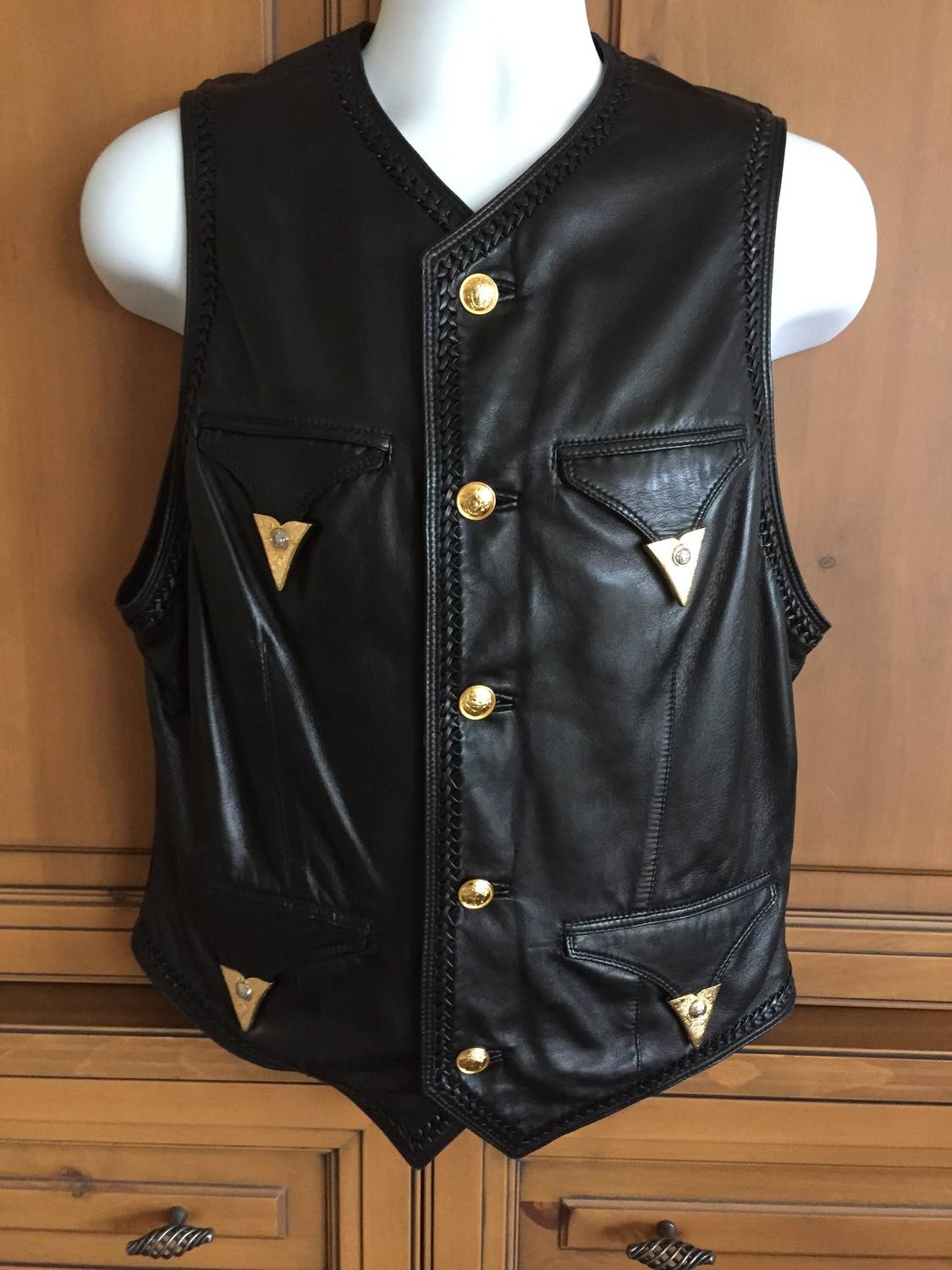 Gianni Versace Mens Black Leather Vest with Whipstitch Trim and Gold ...