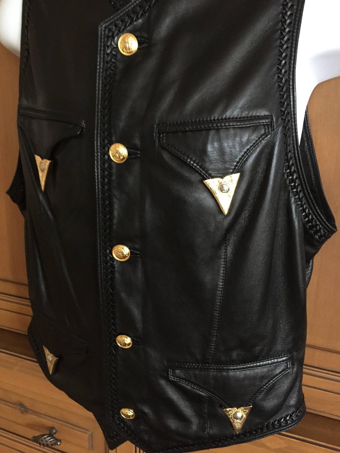Gianni Versace Mens Black Leather Vest with Whipstitch Trim and Gold ...