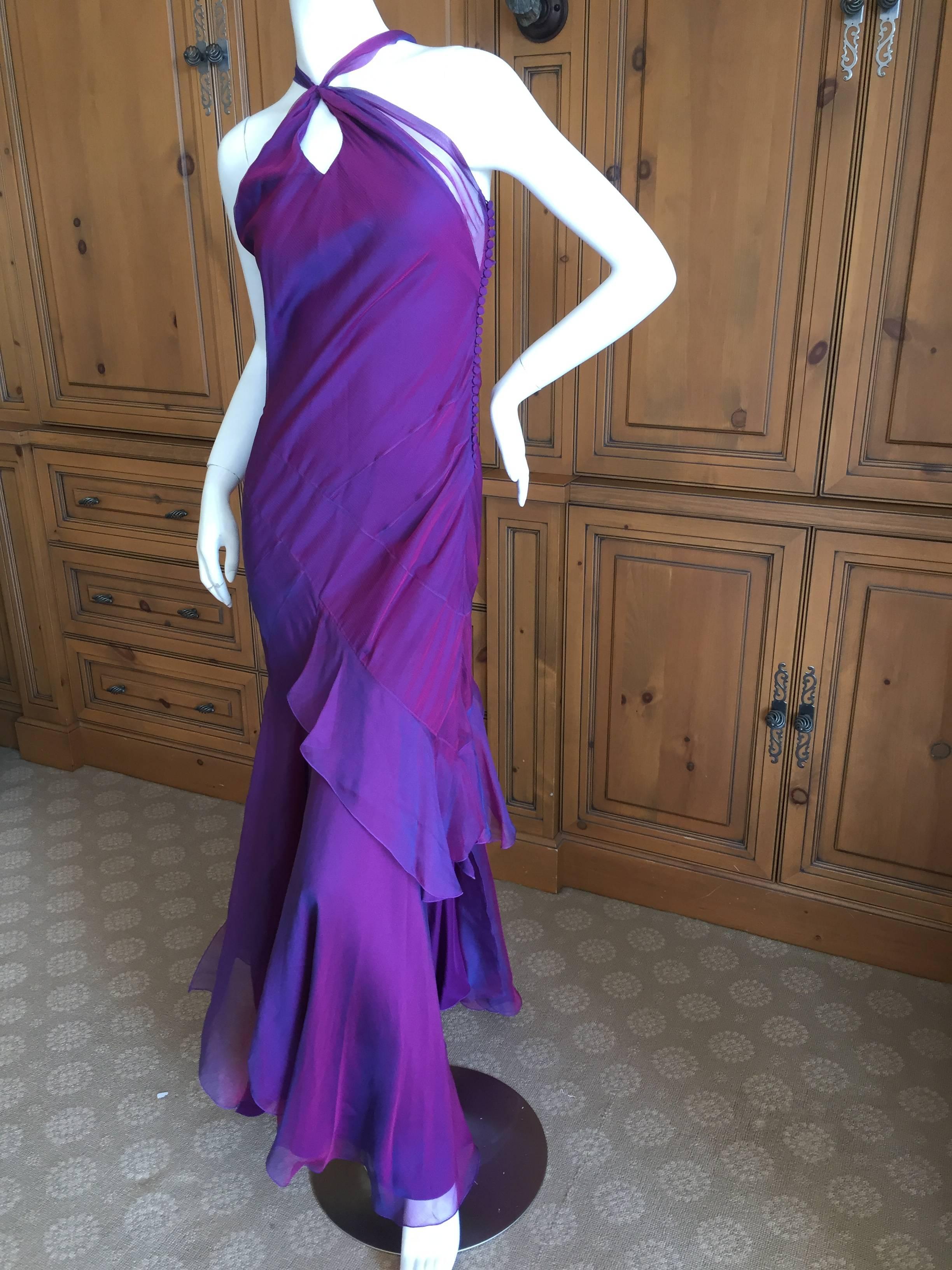 Brilliant purple silk chiffon evening dress by John Galliano for Christian Dior.
The silk has an iridescent treatment and shifts shades of purple.
Size 42
Bust 38