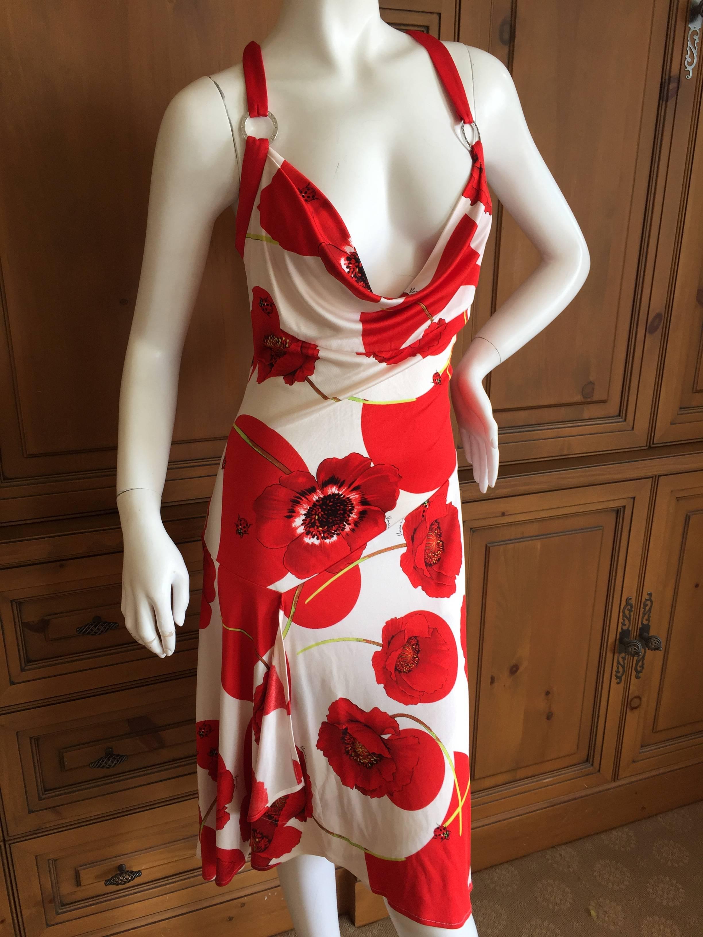 Red Versace Silk Jersey Dress w Ladybugs and Poppies For Sale