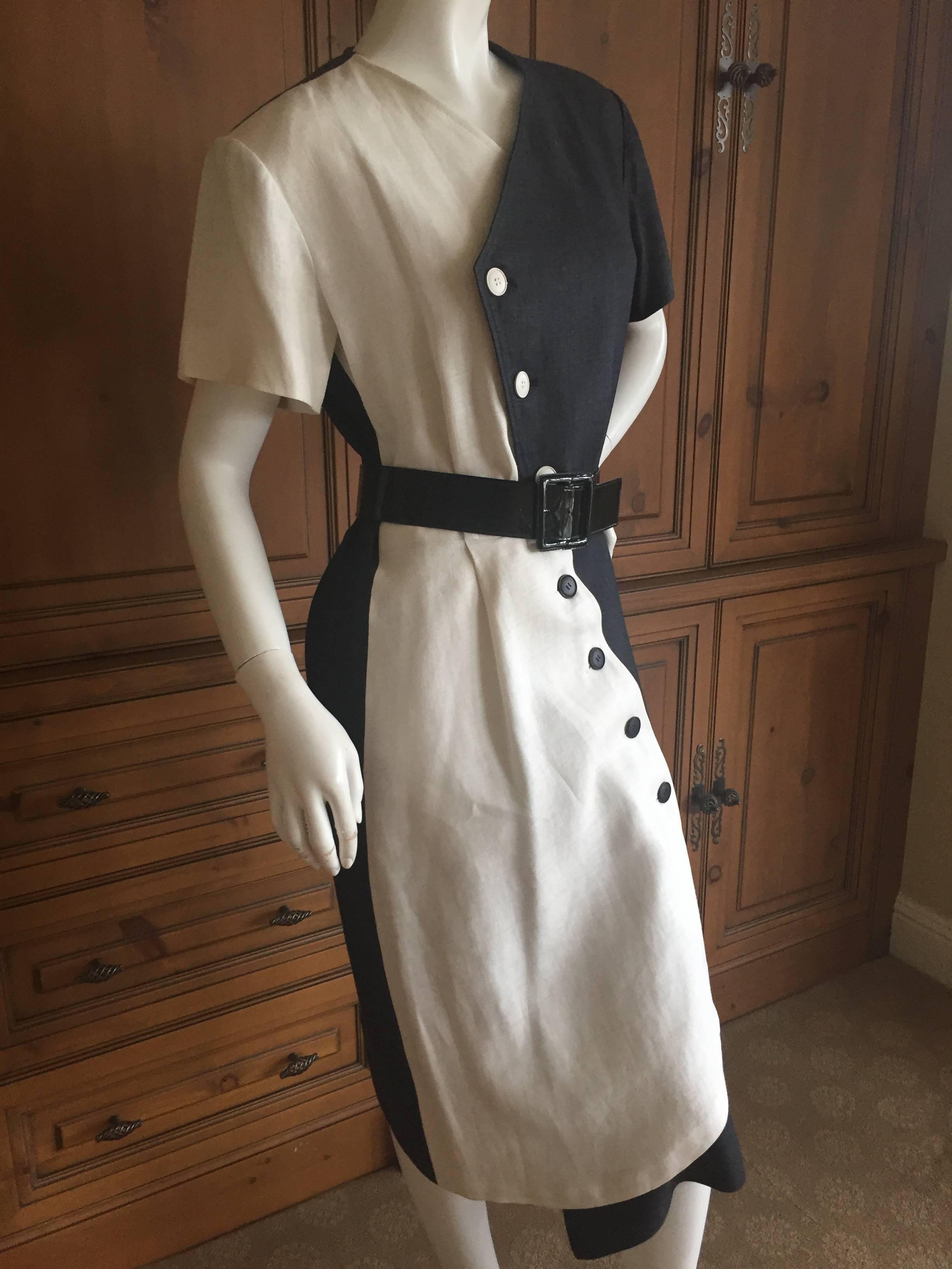 Yves Saint Laurent Rive Gauche 1970's Black and White Linen Dress In Excellent Condition In Cloverdale, CA