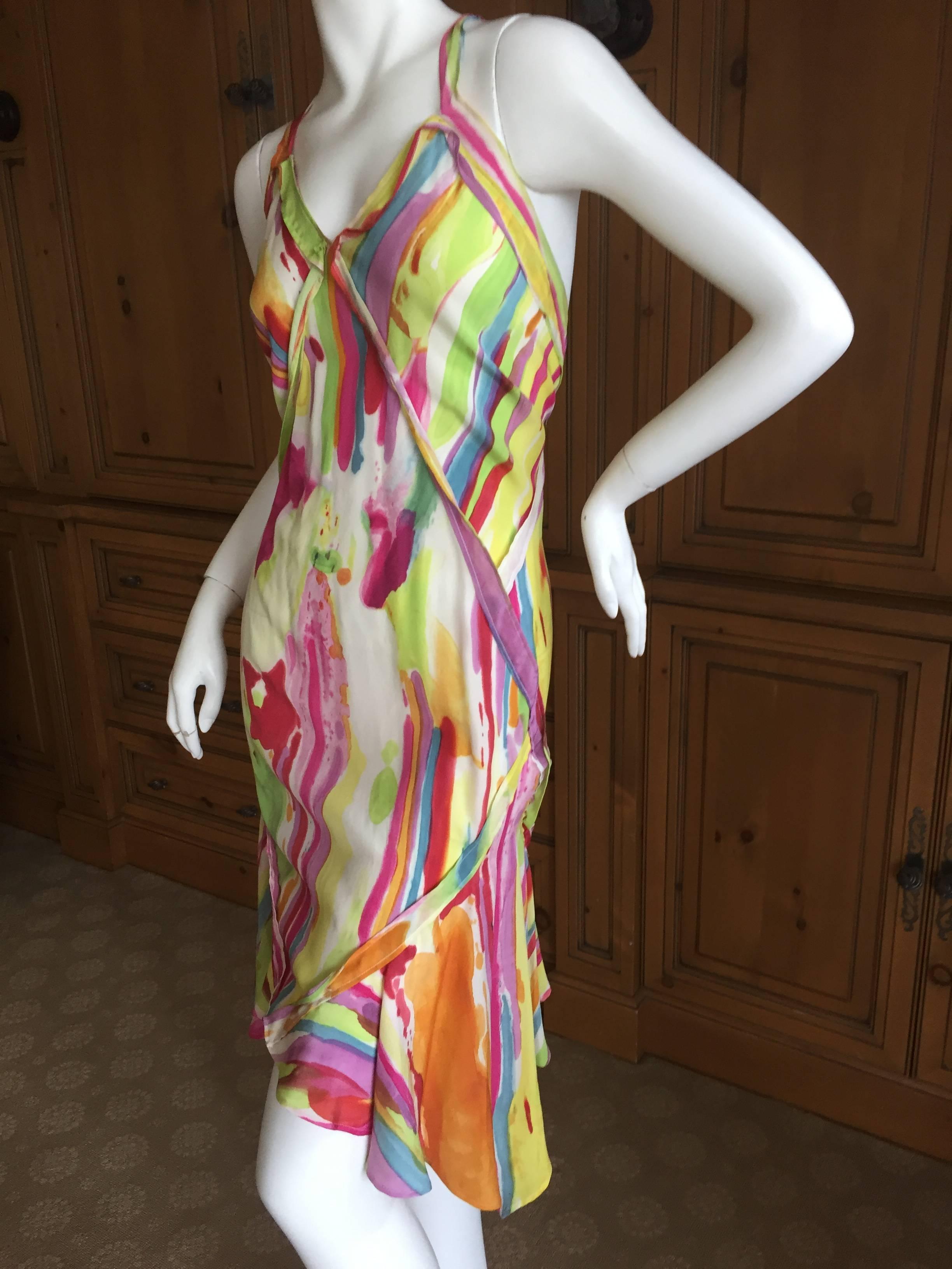 Yves Saint Laurent Rive Guache Watercolor Silk Ruffle Dress In Excellent Condition For Sale In Cloverdale, CA