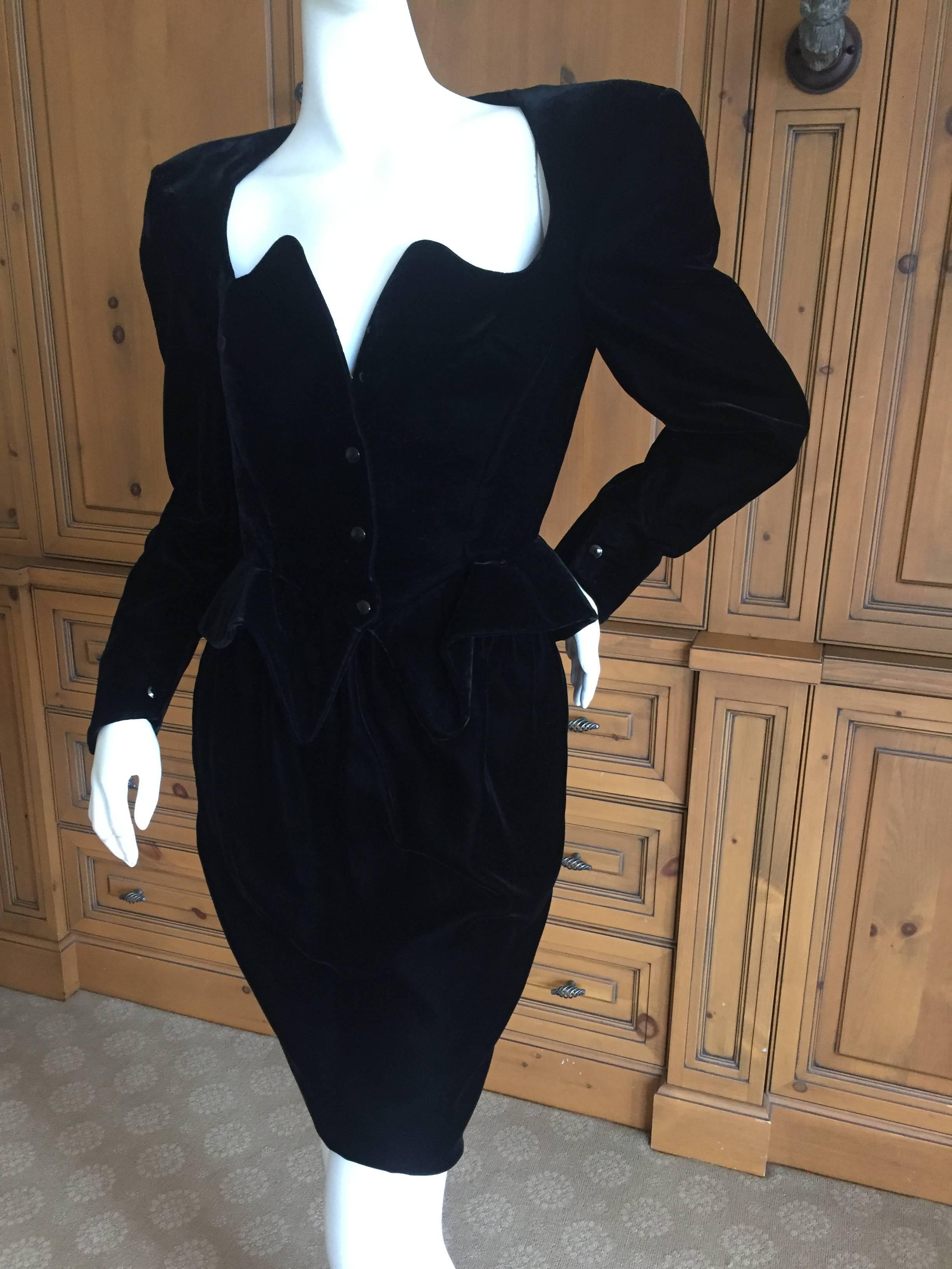 Women's Thierry Mugler 1980's  Portrait Neckline Black Velvet Suit