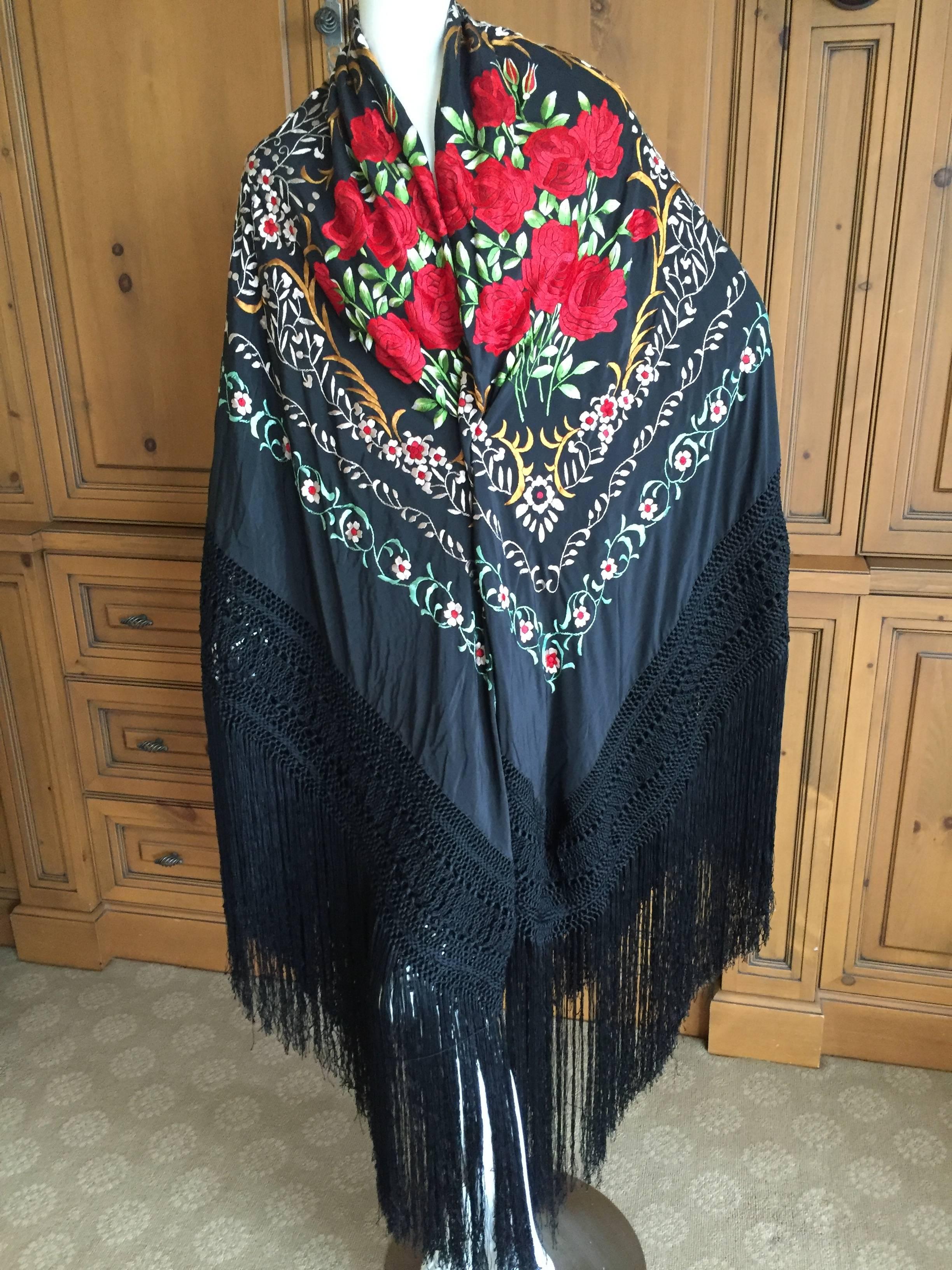 Women's or Men's Exquisite Embroidered Roses Antique Canton Fringe Piano Shawl For Sale