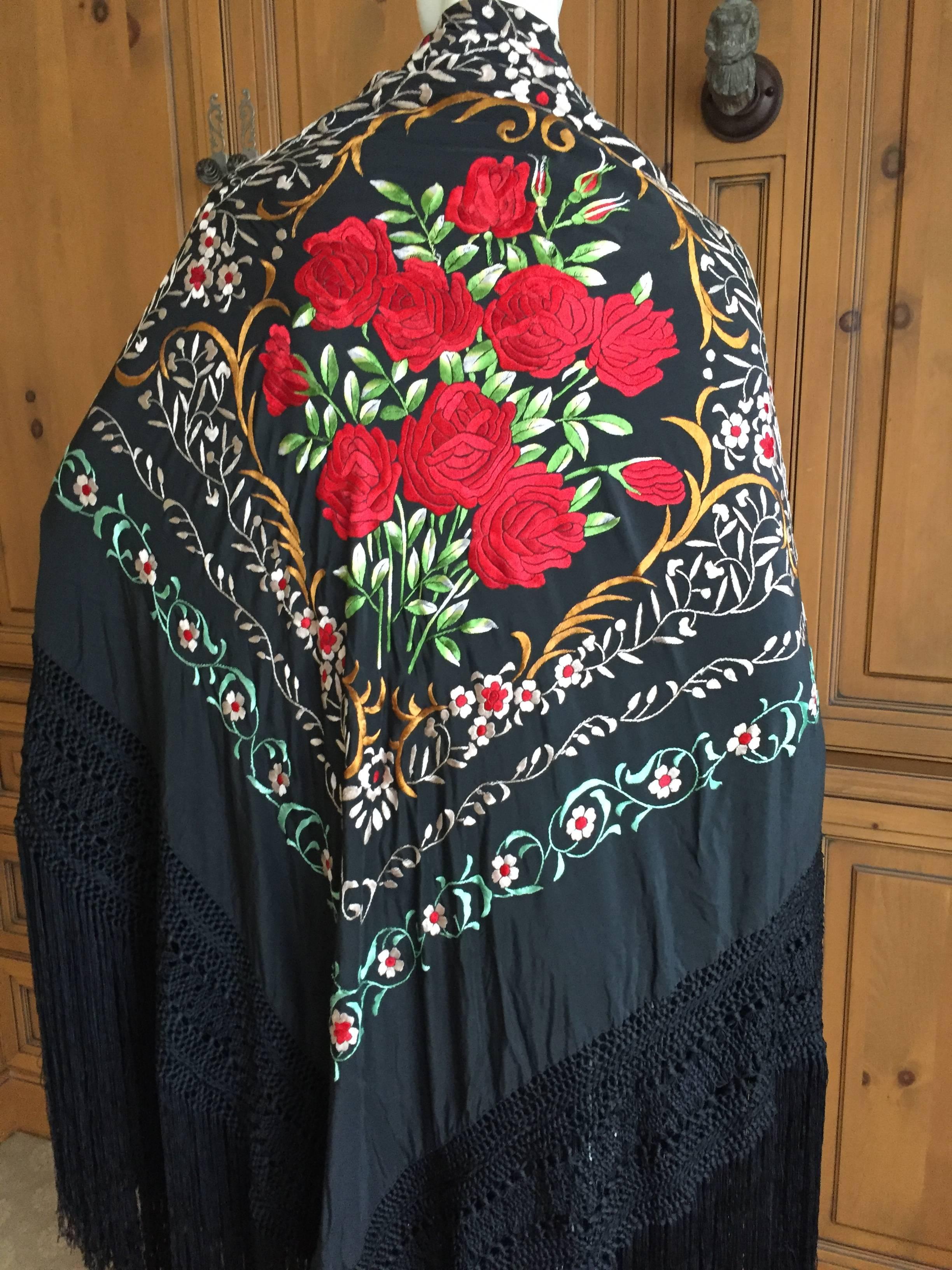 Exquisite Embroidered Roses Antique Canton Fringe Piano Shawl For Sale 1