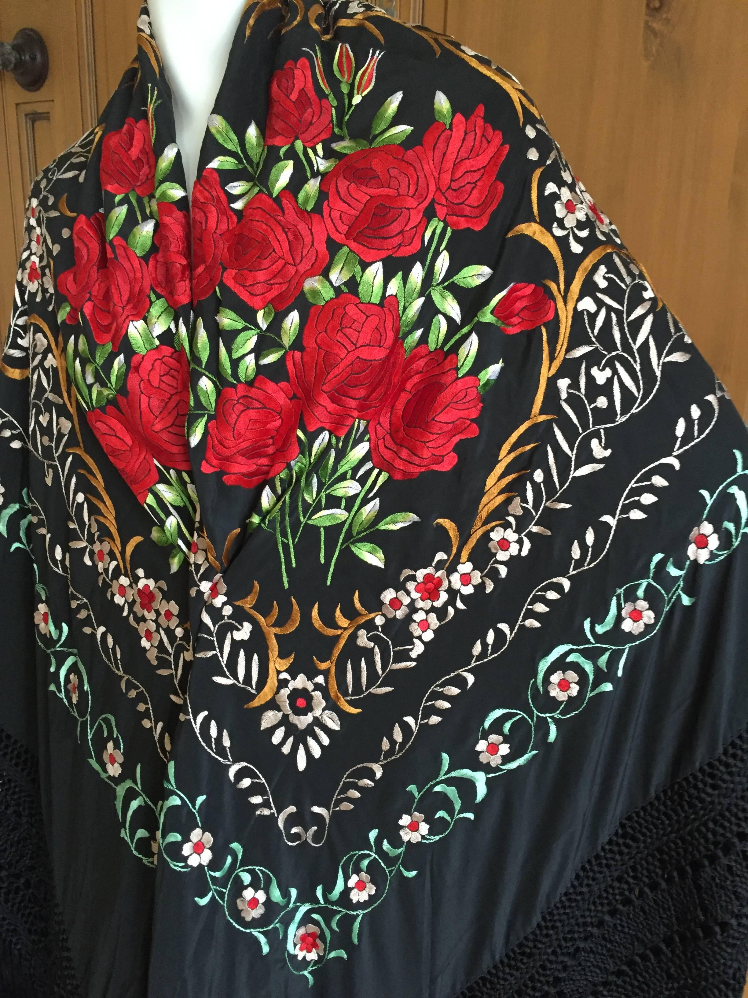 Exquisite Embroidered Roses Antique Canton Fringe Piano Shawl For Sale 3