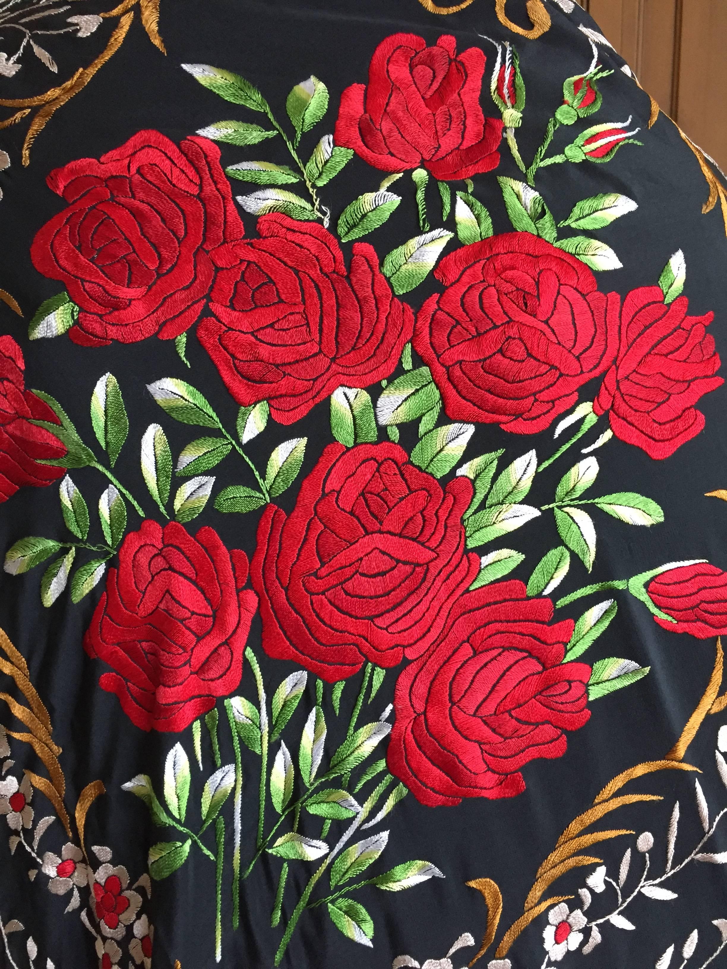 Exquisite Embroidered Roses Antique Canton Fringe Piano Shawl For Sale 5