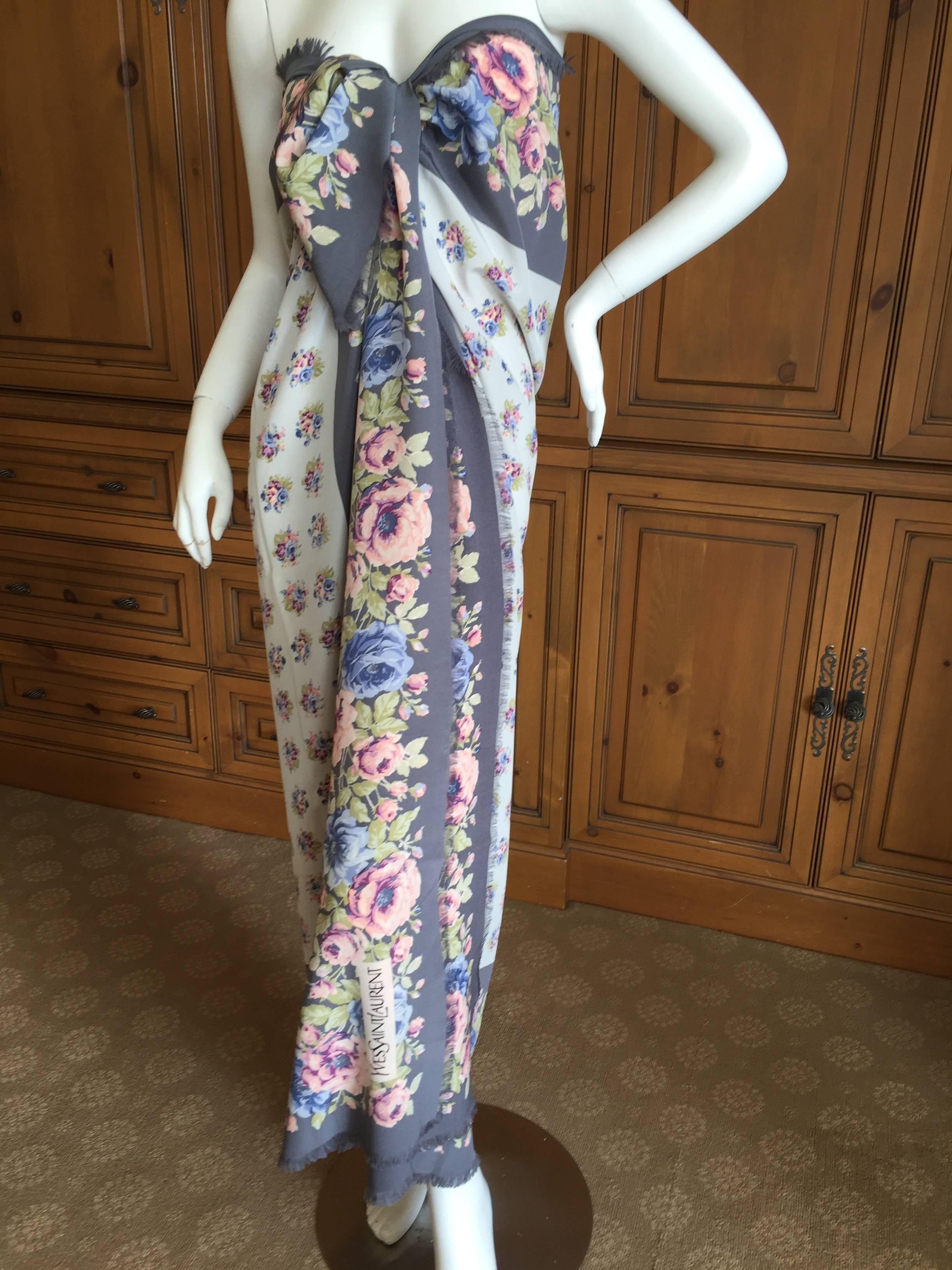 Yves Saint Laurent 1970's Large SIlk Floral Scarf Pre Rive Gauche In Excellent Condition For Sale In Cloverdale, CA
