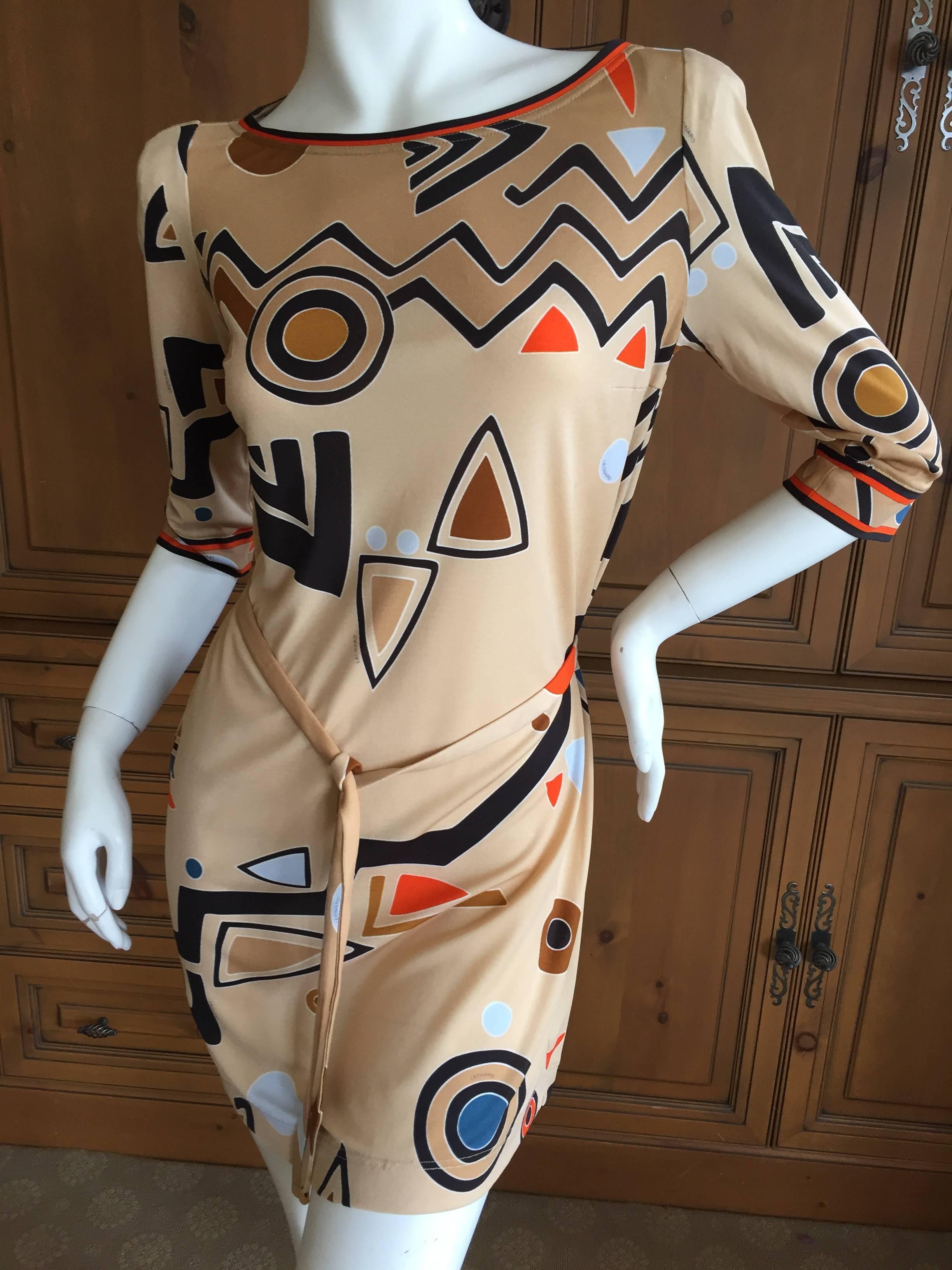 Leonard Paris 1960's Pattern Silk Jersey Mini Dress with Belt In Excellent Condition For Sale In Cloverdale, CA