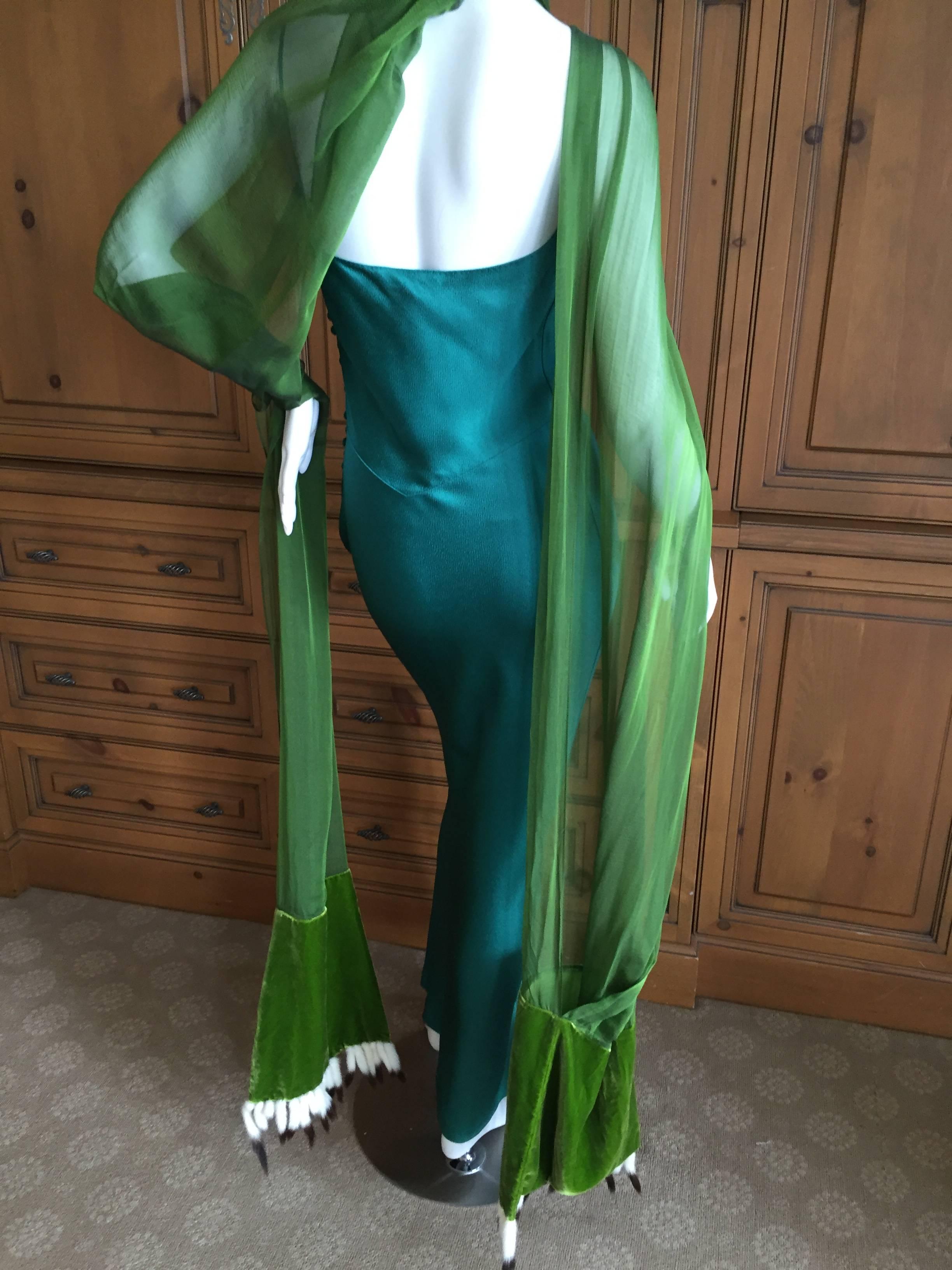 Christian Dior by Galliano Bias Cut Green Dress w Ermine Tail Trim Scarves 1990s 1