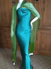 Christian Dior by Galliano Robe verte coupée en biais avec écharpes à queue d'hermine 1990