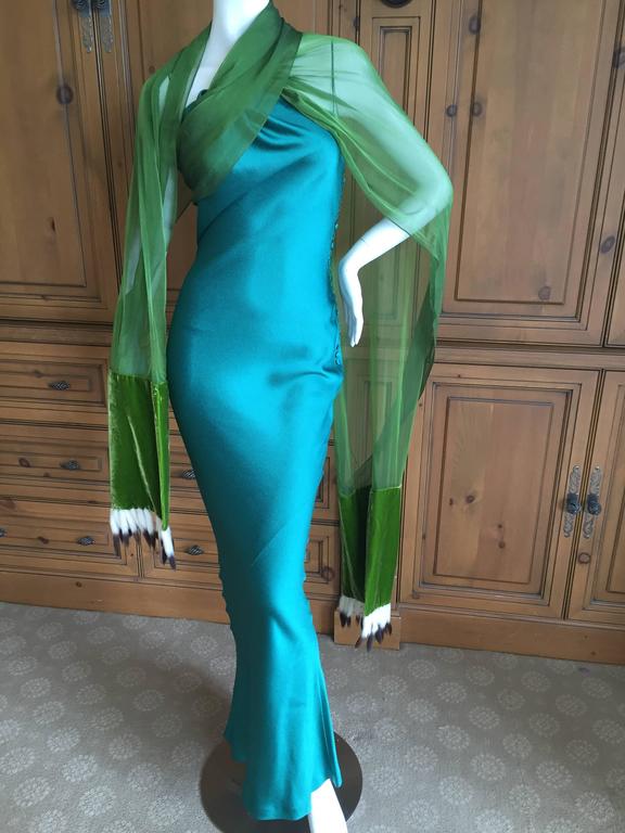 Dior By Galliano Bias Cut Green Dress W Ermine Tail Trim Dior By Galliano Bias Cut Green Dress W Ermine Tail Trim Scarves 1990s In Excellent
