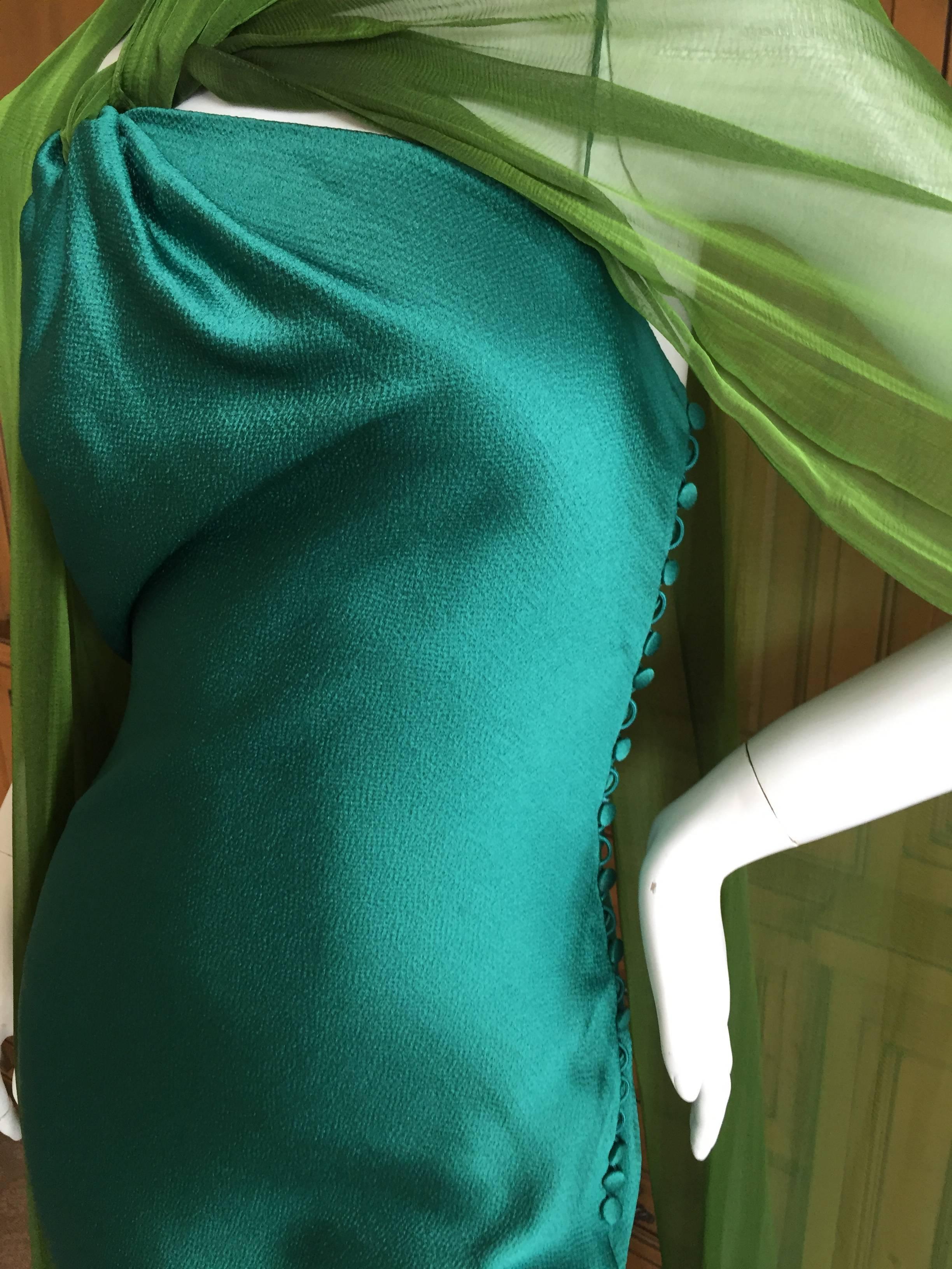 Christian Dior by Galliano Bias Cut Green Dress w Ermine Tail Trim Scarves 1990s In Excellent Condition In Cloverdale, CA