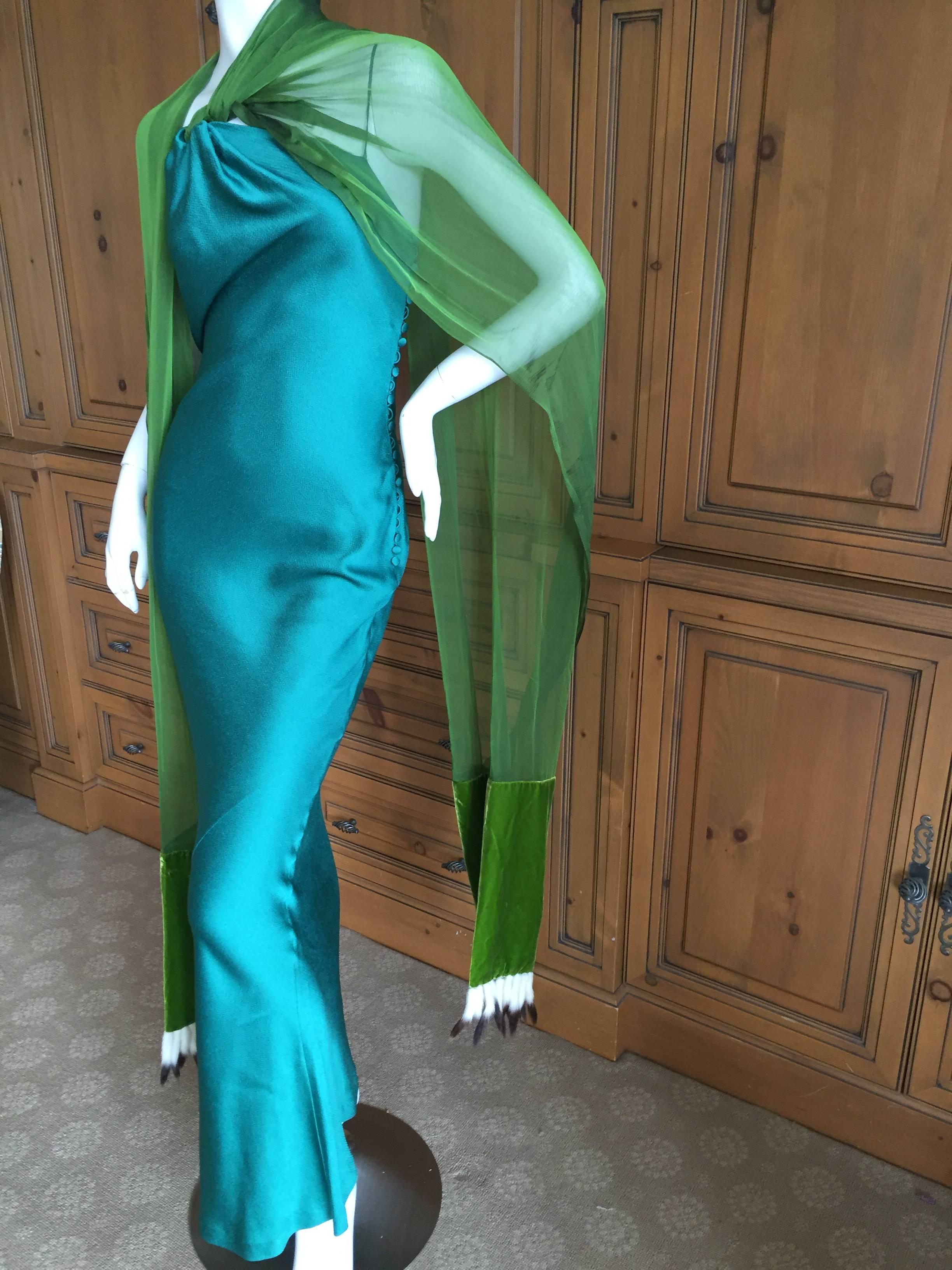 Women's Christian Dior by Galliano Bias Cut Green Dress w Ermine Tail Trim Scarves 1990s