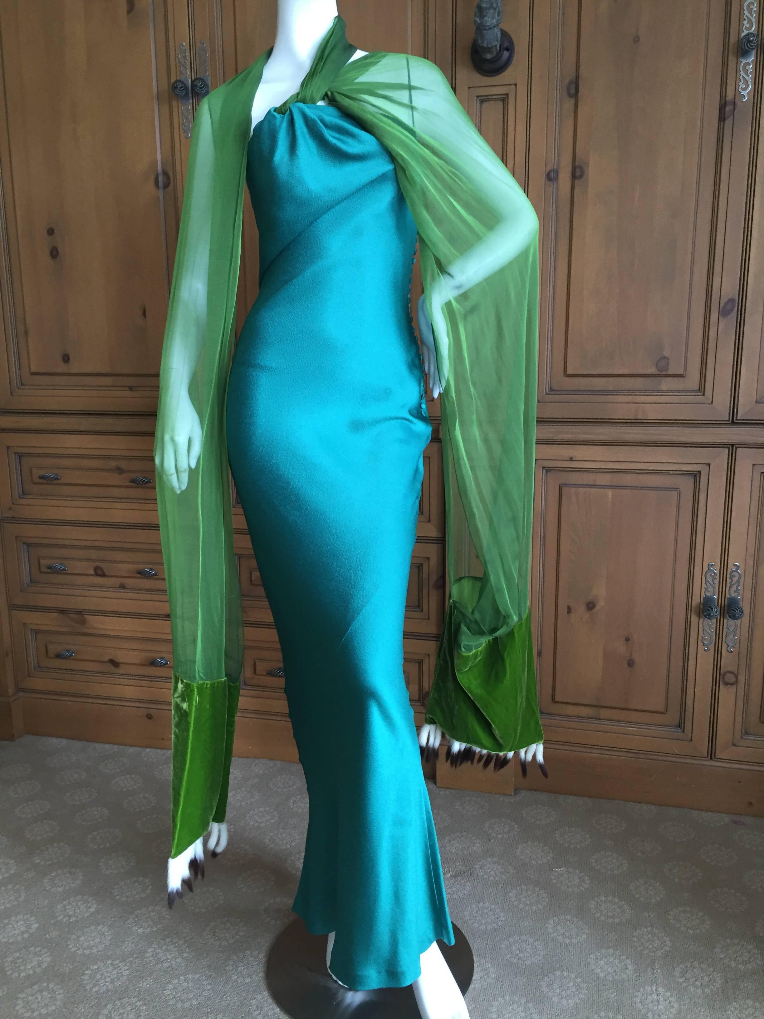 Christian Dior by Galliano Bias Cut Green Dress w Ermine Tail Trim Scarves 1990s 2