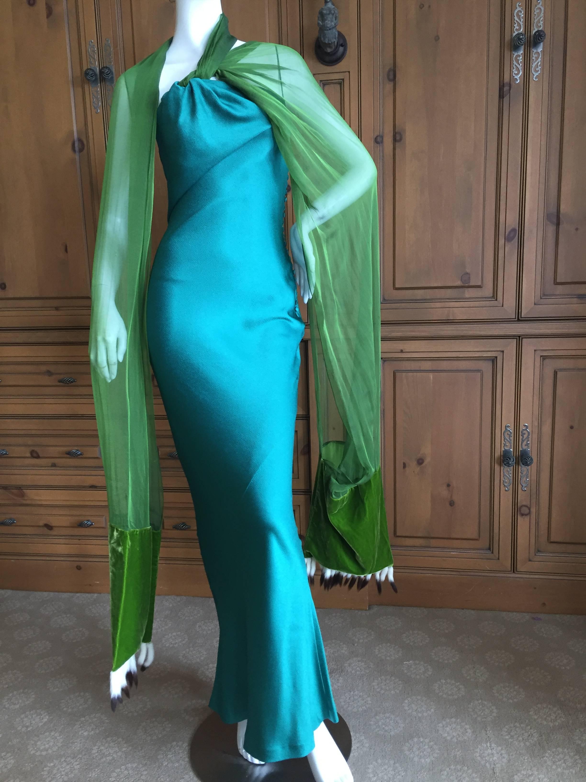 Christian Dior by Galliano Bias Cut Green Dress w Ermine Tail Trim Scarves 1990s 3