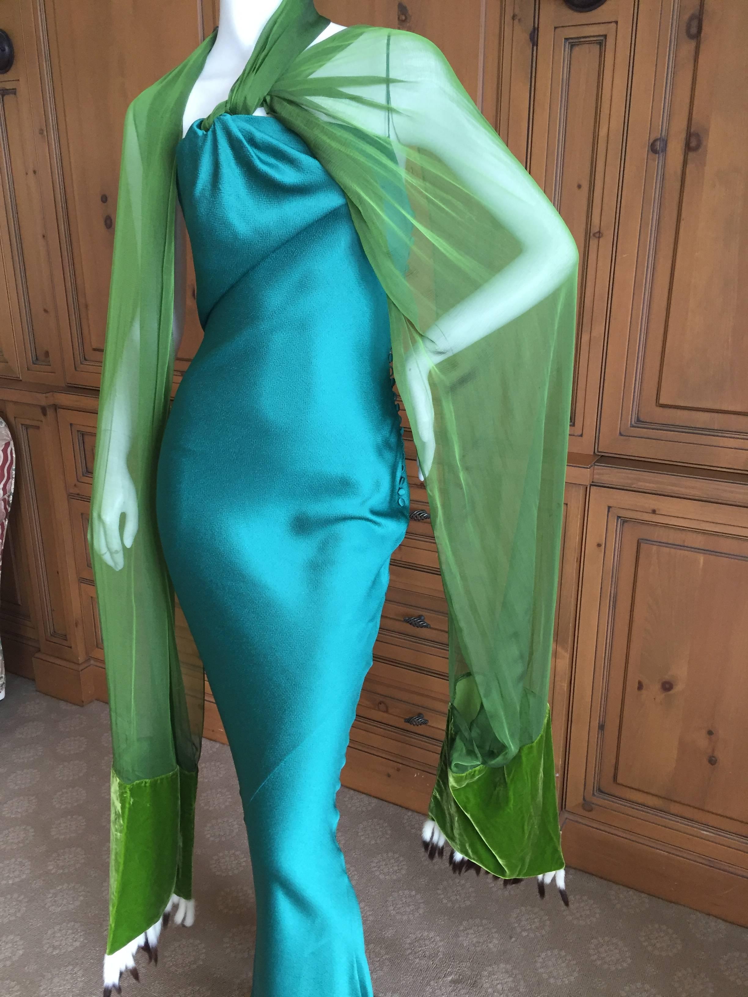 Christian Dior by Galliano Bias Cut Green Dress w Ermine Tail Trim Scarves 1990s 5